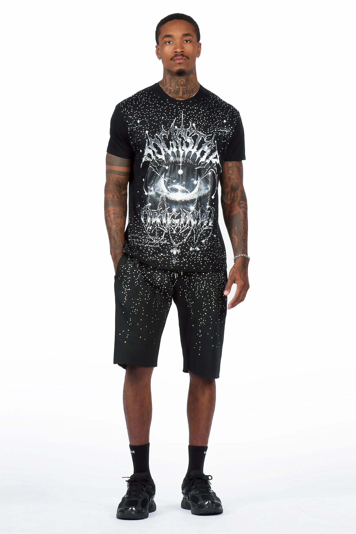 Malykz Black/Black Rhinestone T-Shirt/Short Set
