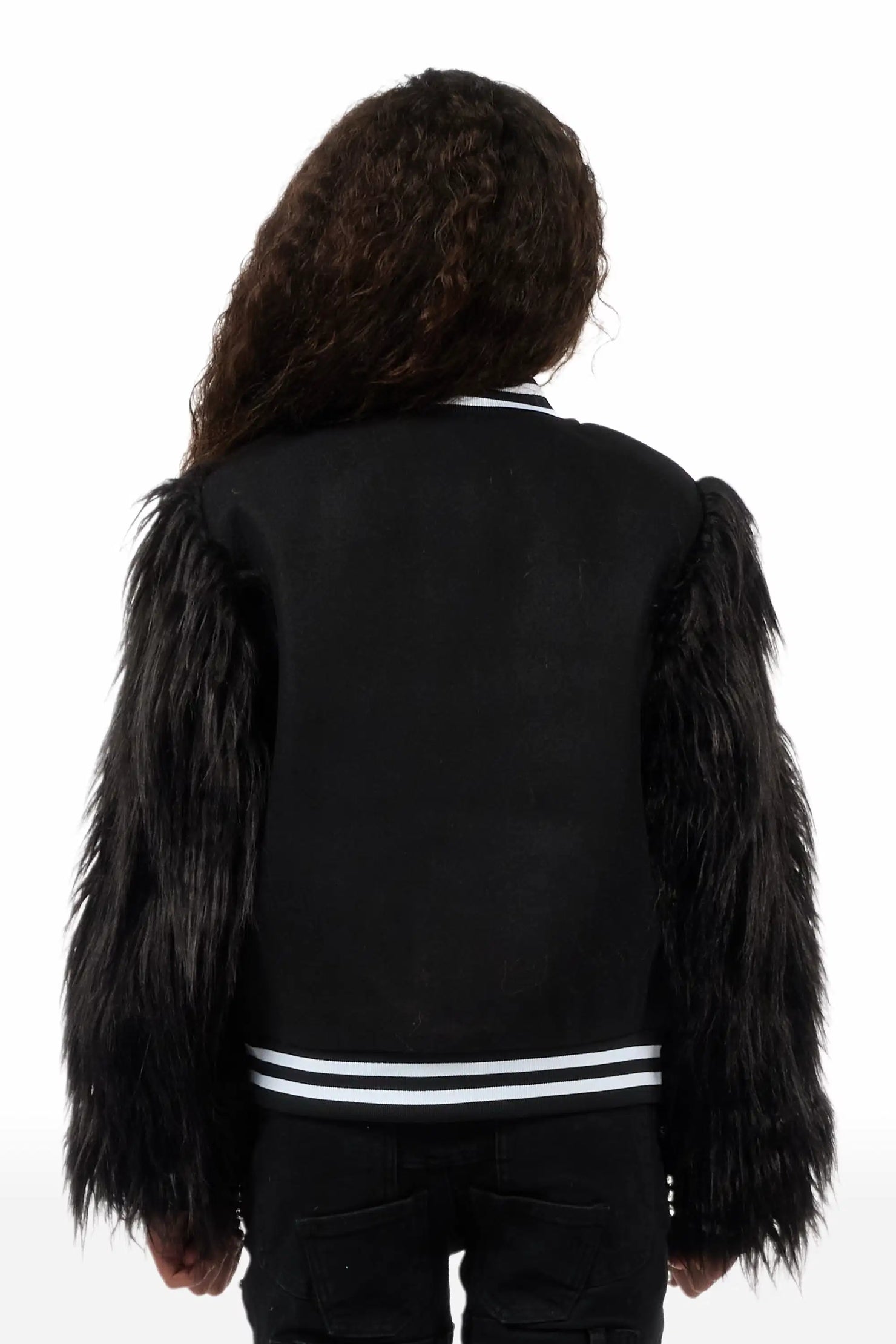 Girls Jameicia Black Fur Sleeve Varsity Jacket