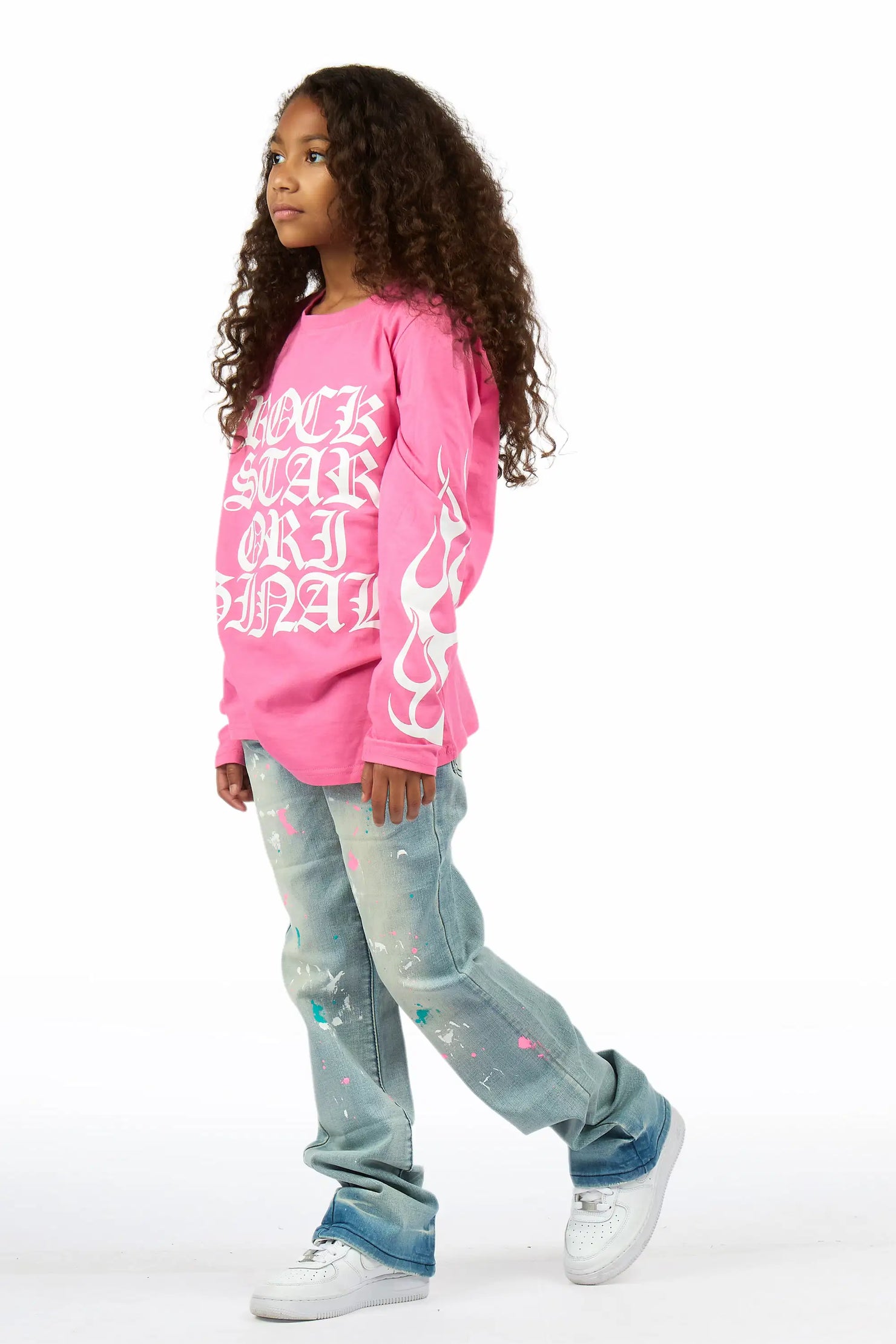Girls Ariella Pink/Blue Long Sleeve T-Shirt Stacked Jean Set