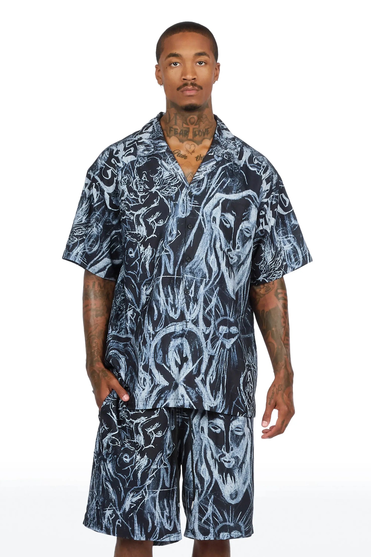 Fenno Black Button Down T-Shirt/Short Set