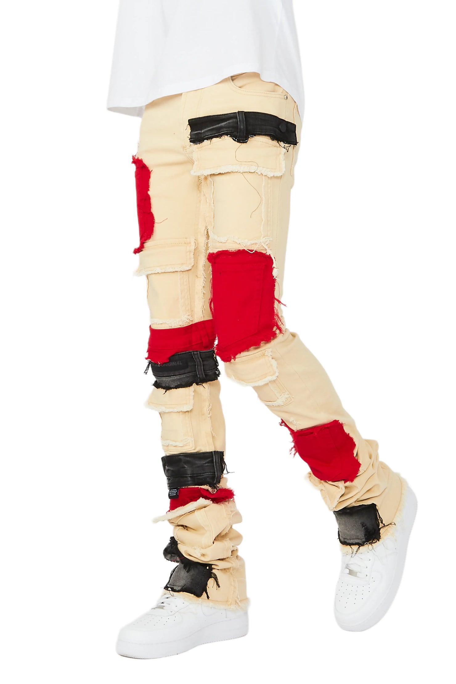 Kaizen Beige/Red Patchwork Super Stacked Flare Jean