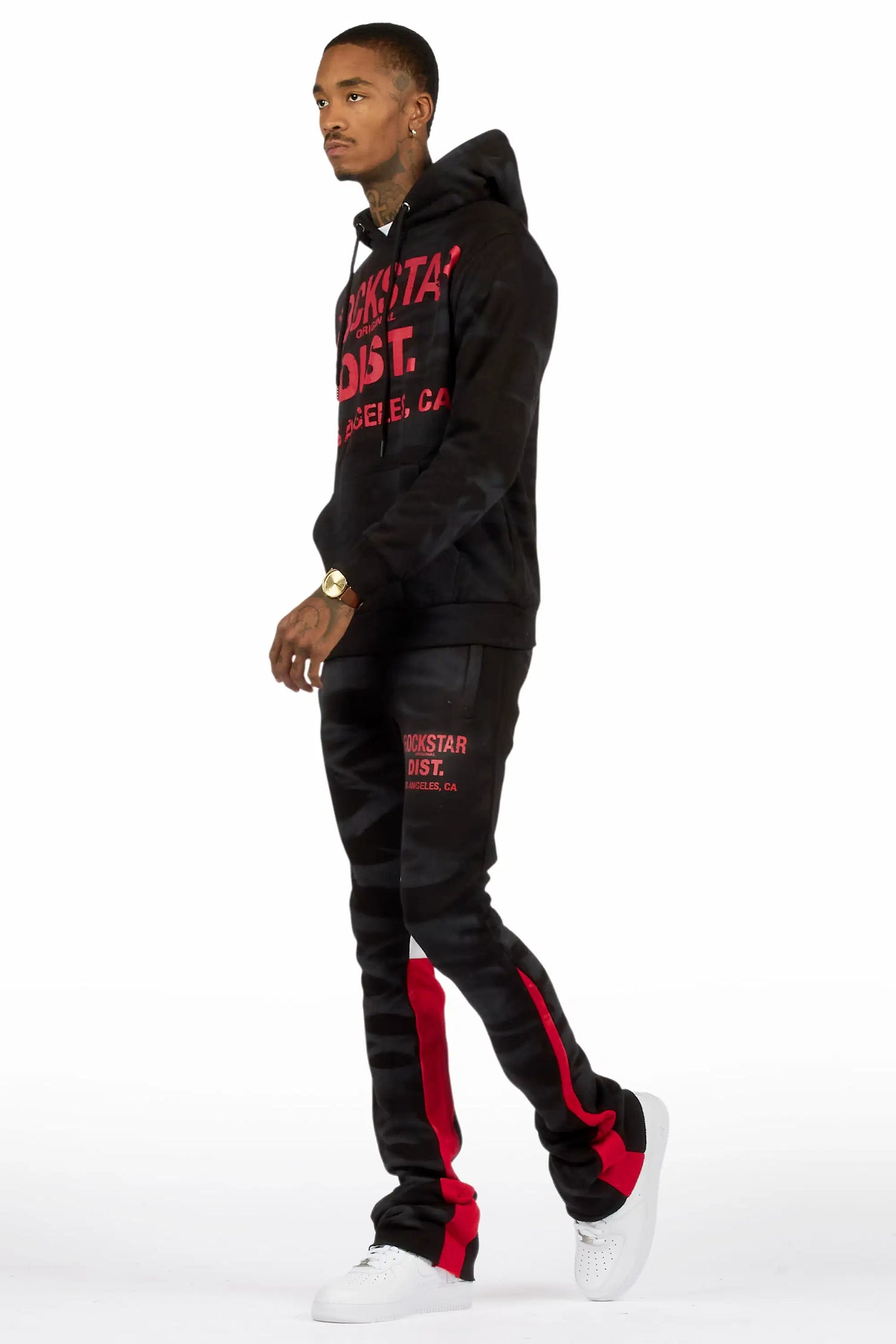 Nelly Black Spray Wash Hoodie Stacked Flare Track Set