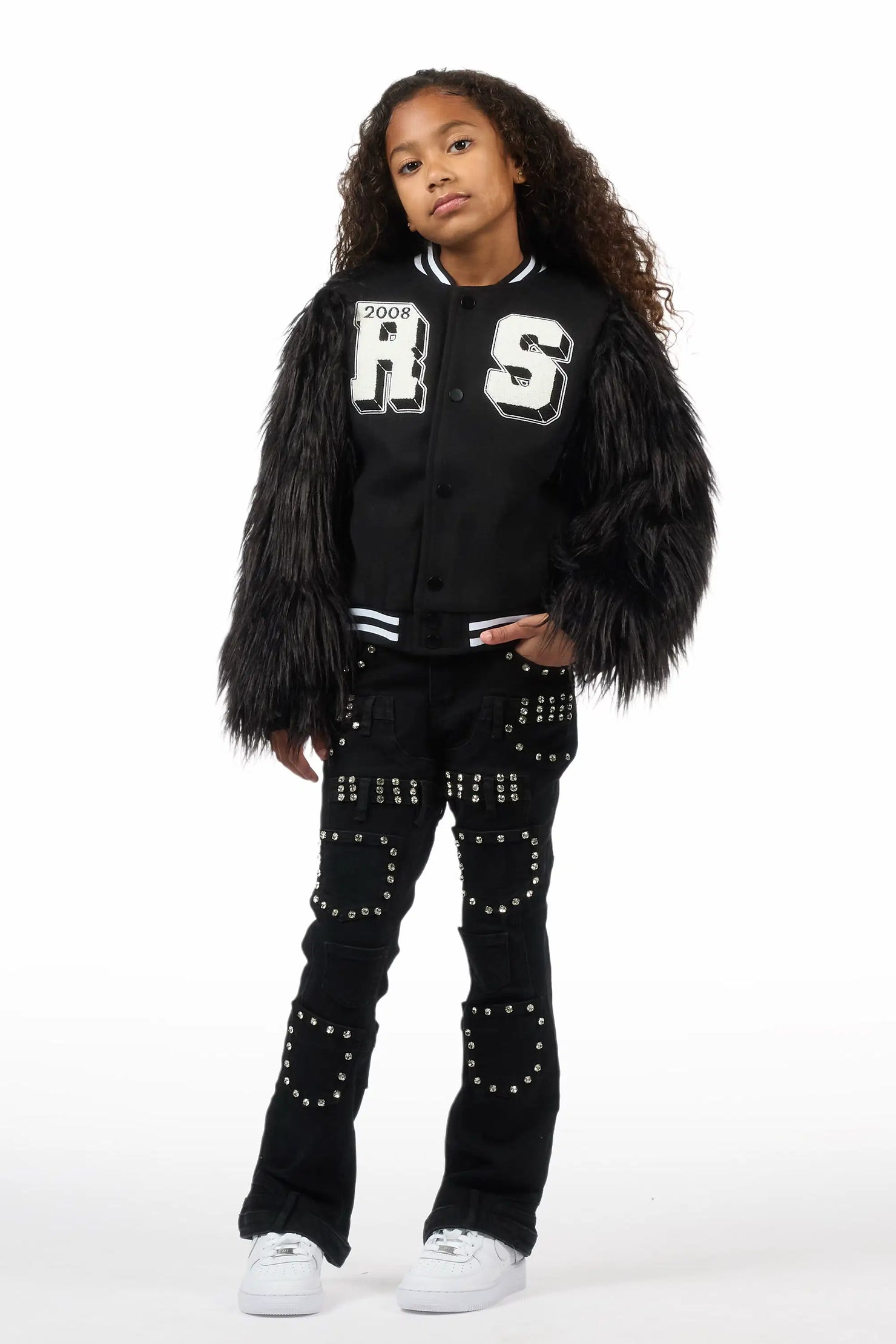 Girls Vicky Black Rhinestone Stacked Jean