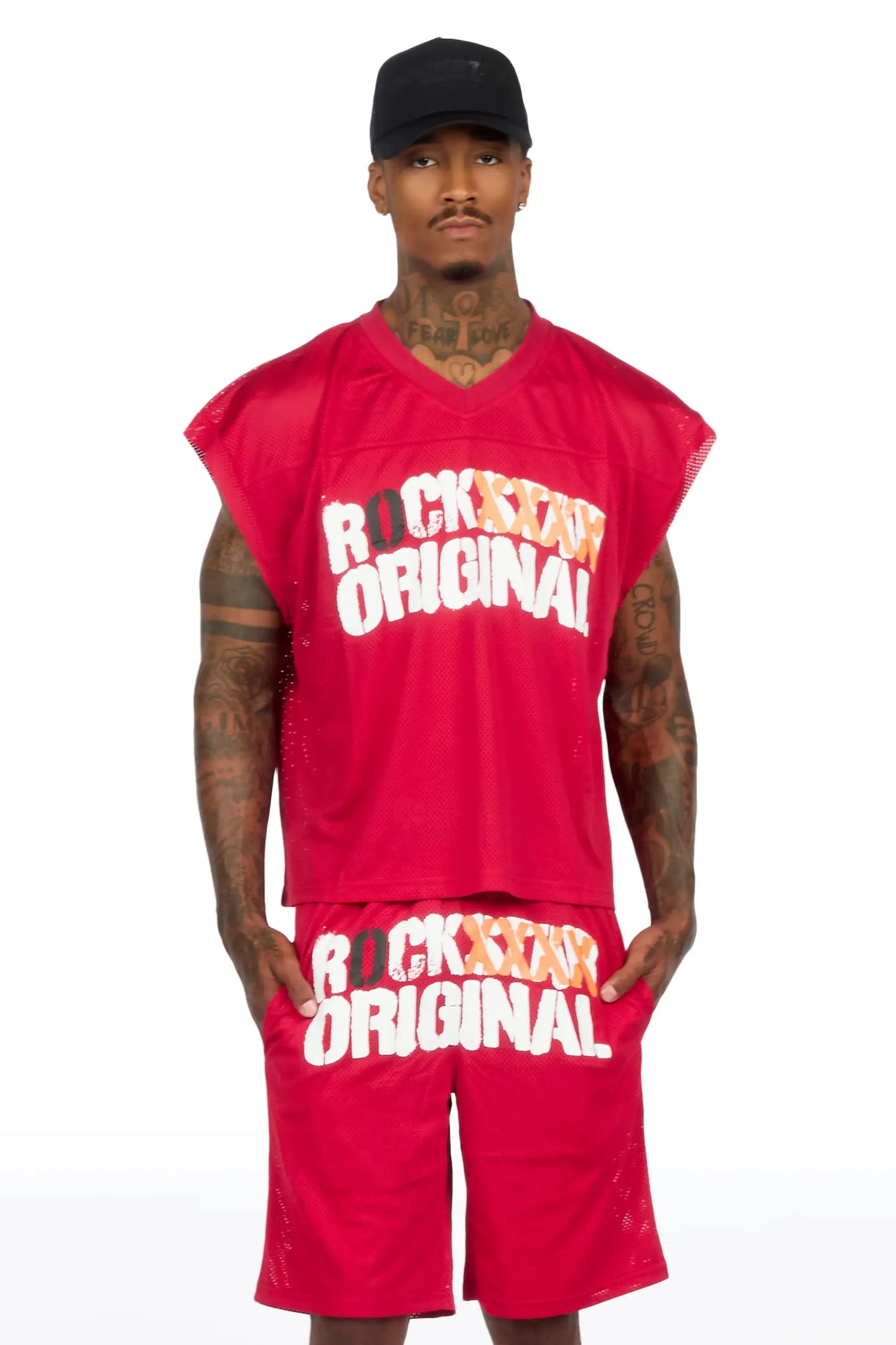Crown Red Mesh Cut Sleeve Jersey Short Set