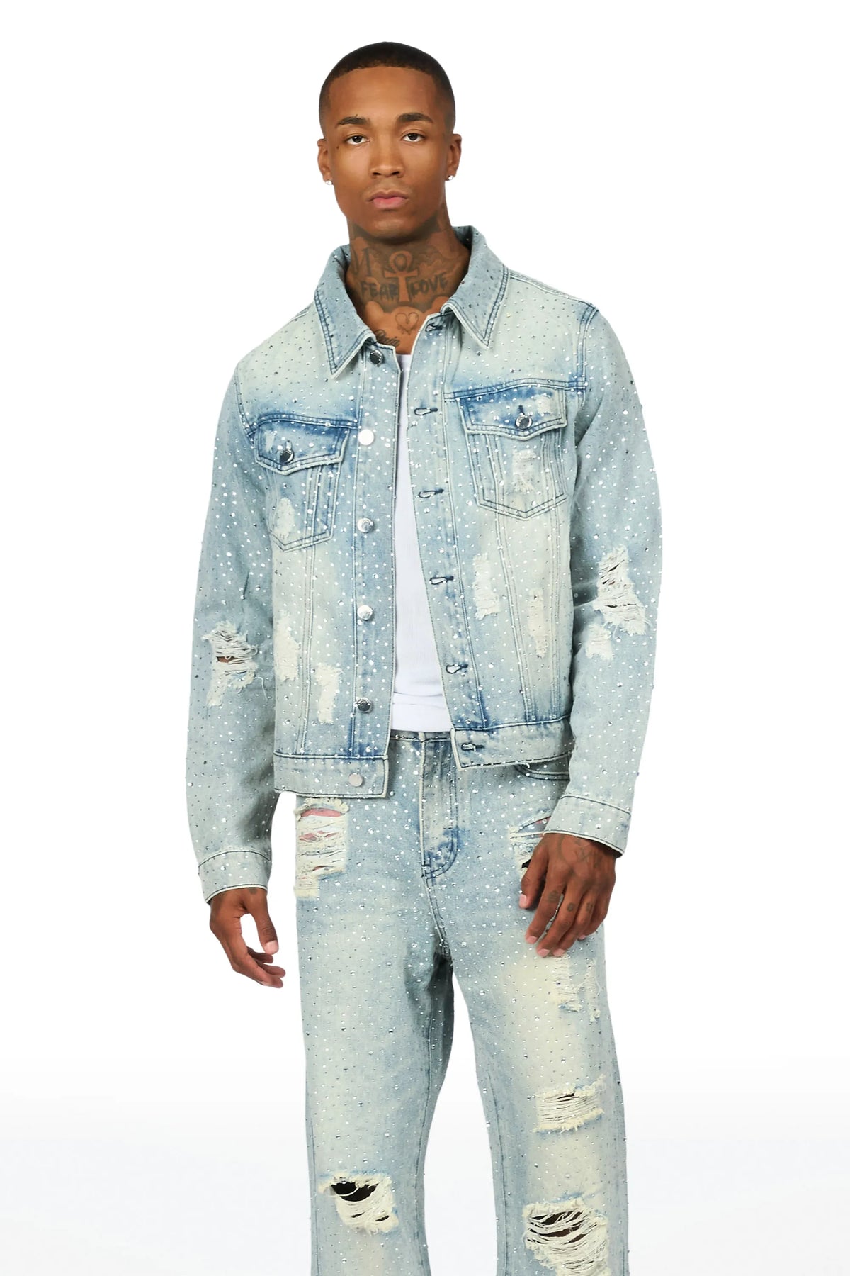Discolite Tint Blue Rhinestone Denim Jacket/Baggy Jean Set