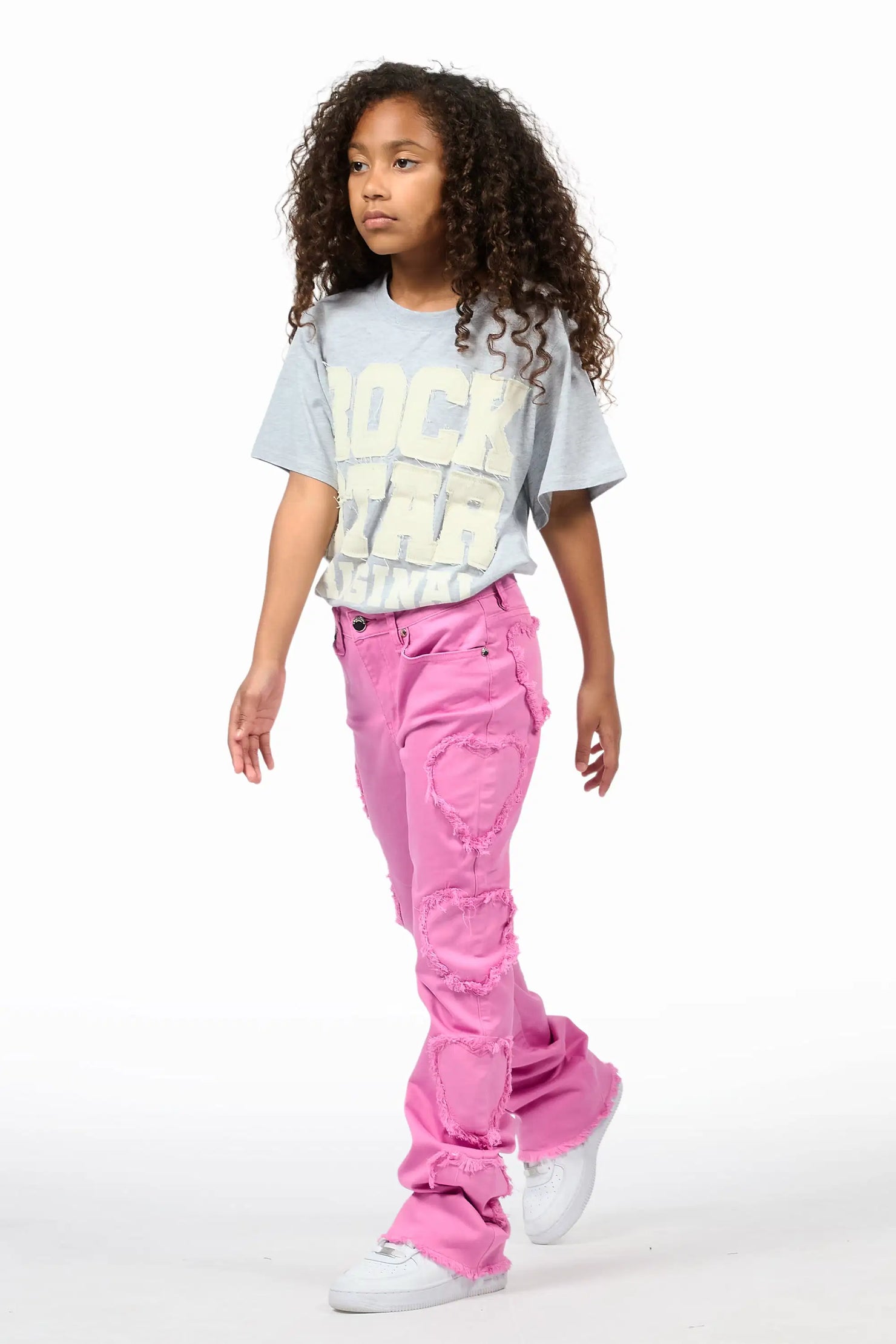 Girls Sinayah Heart Baby Pink Stacked Flare Jean
