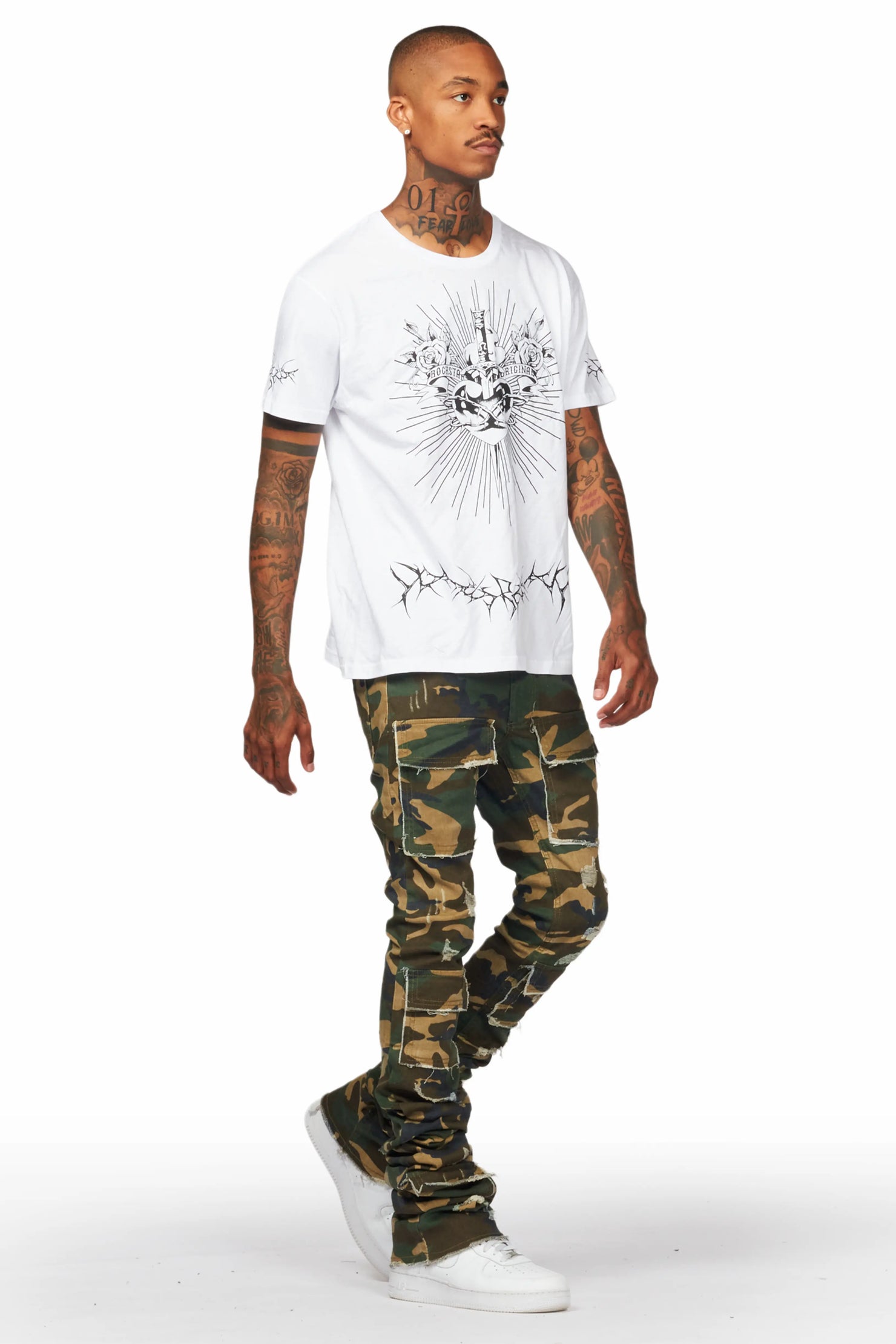 Piet Green Camo Cargo Super Stacked Flare Jean