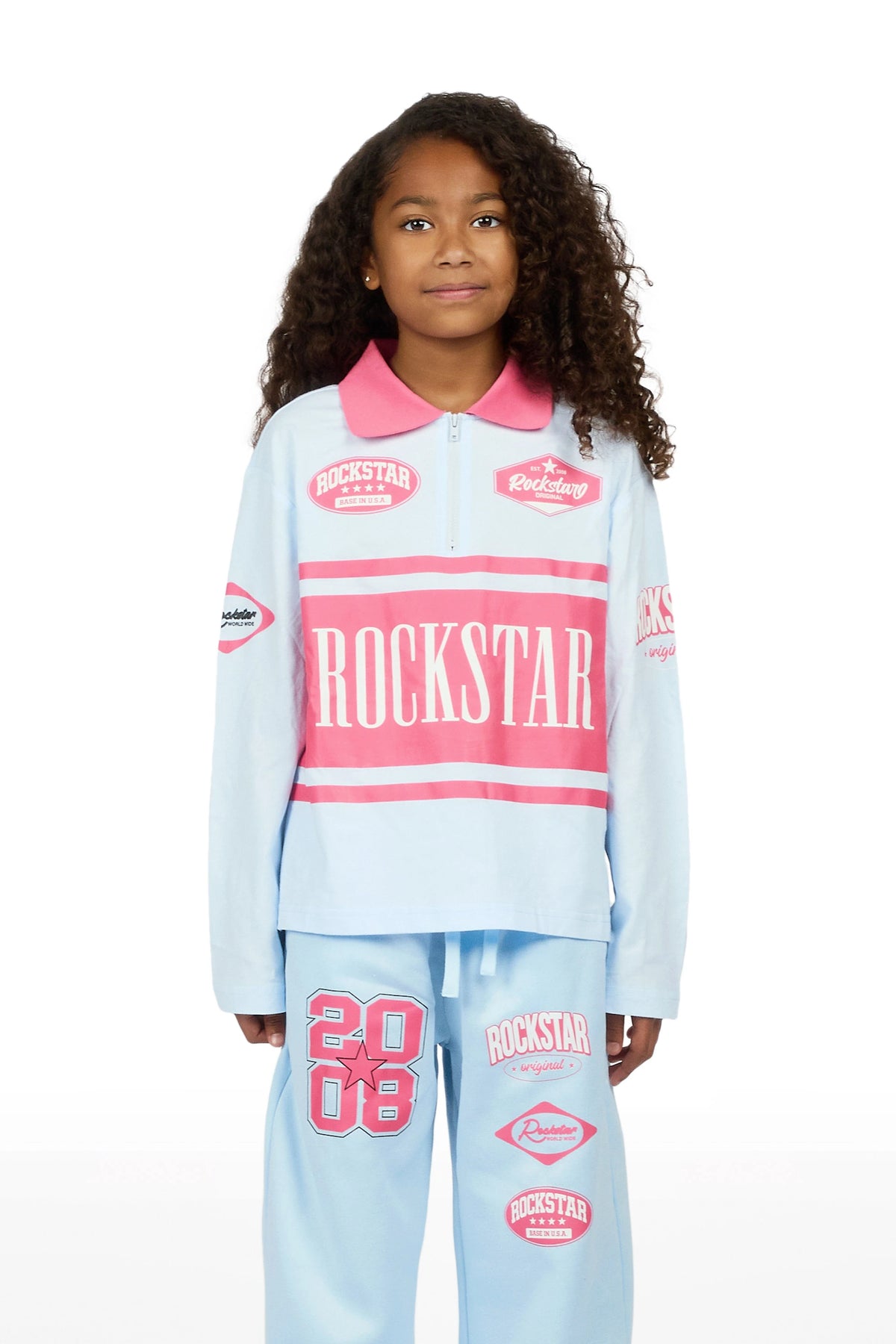 Girls Versenya Light Blue/Hot Pink Long Sleeve Polo Track Set