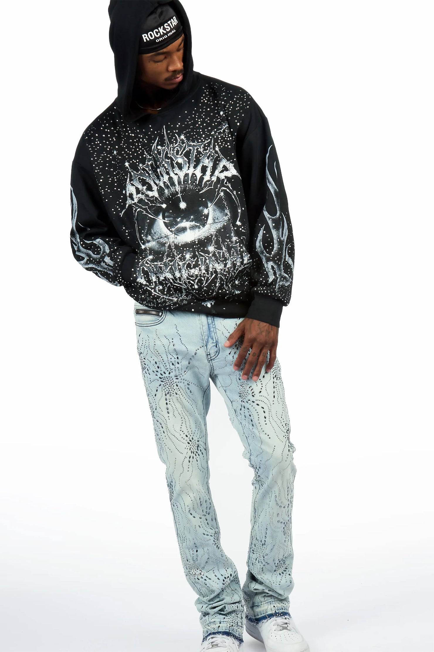 Izai Light Blue Rhinestone Stacked Fit Jean