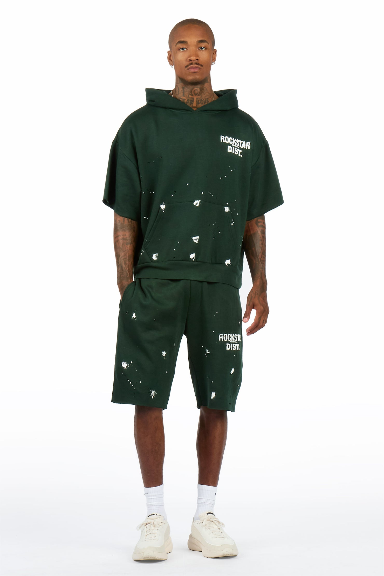 Raffer Forest Green Cut Sleeve Hoodie Short Set