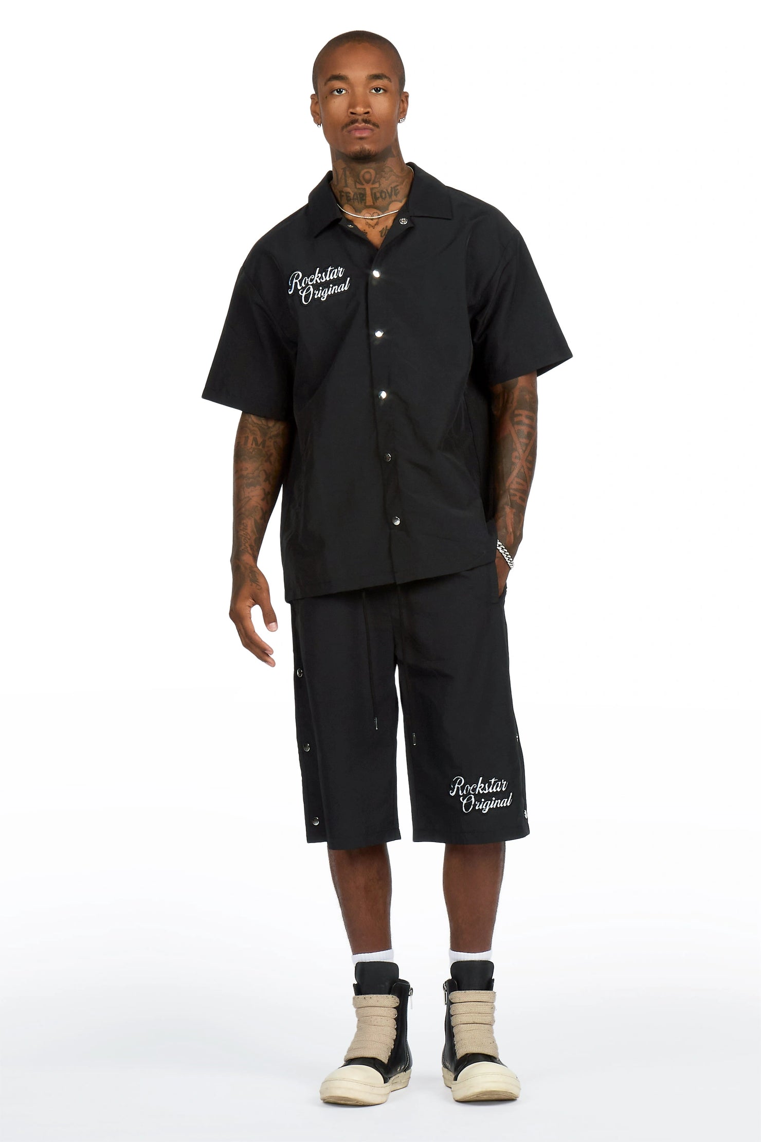 Lustro Black Button Down Shirt/Short Set