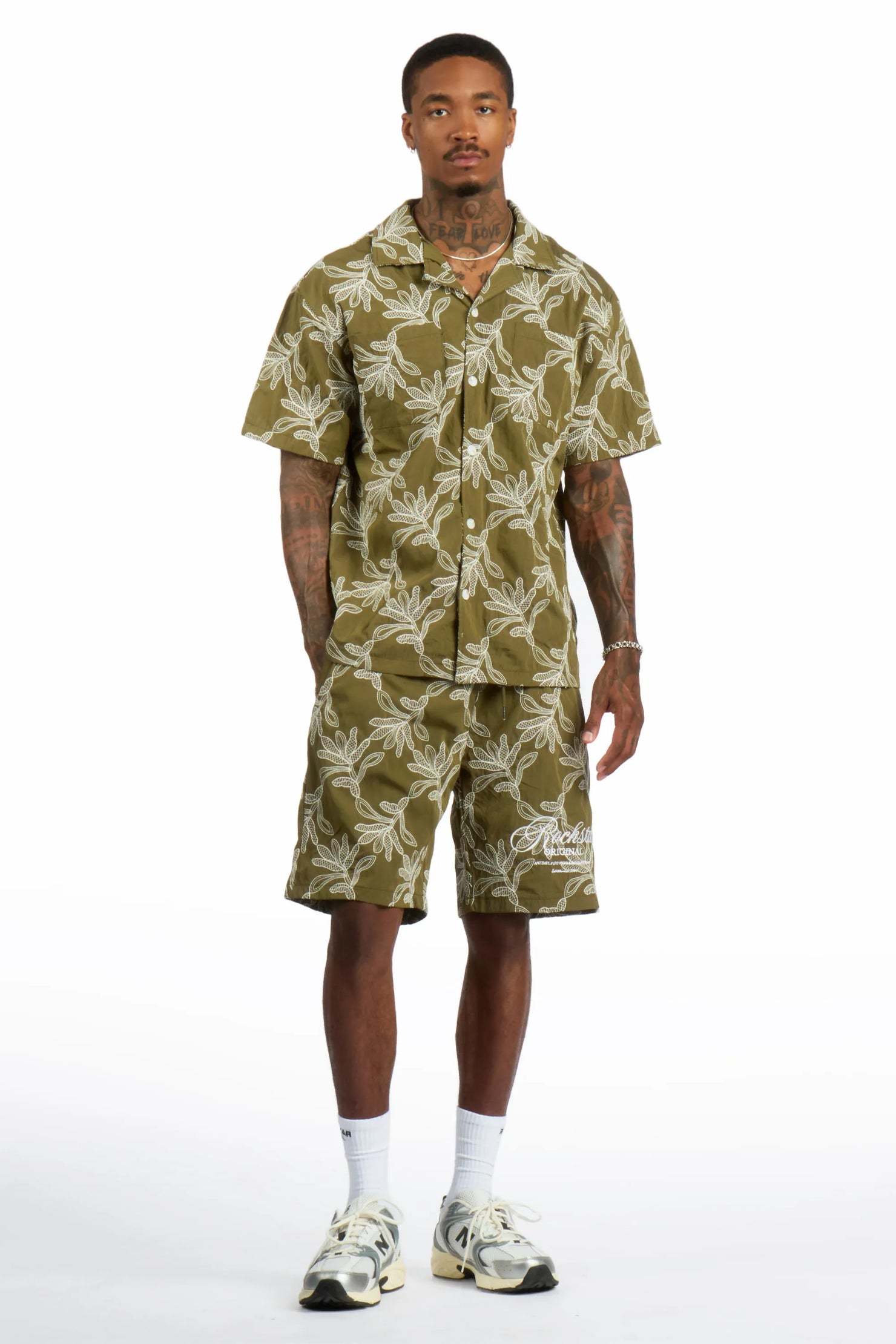 Merle Olive/White Button Down Shirt/Short Set