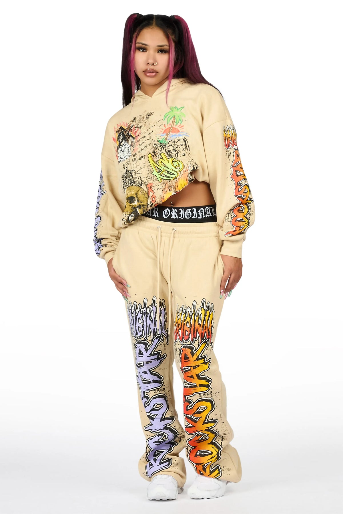 Luxoré Beige Graphic Baggy Fit Track Set