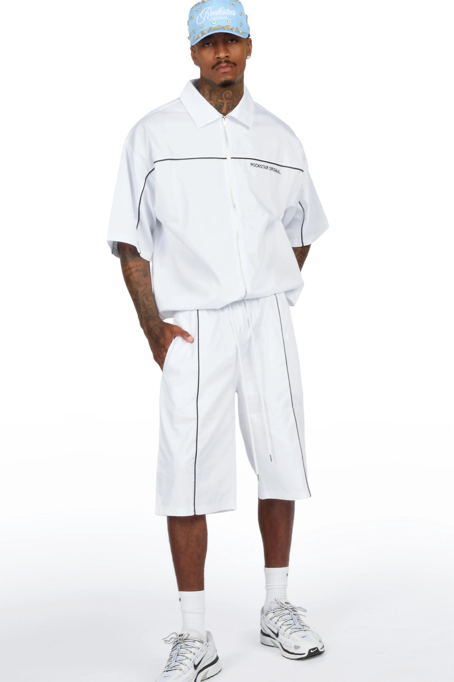Izan White Zip Up Short Sleeve Twill Short Set