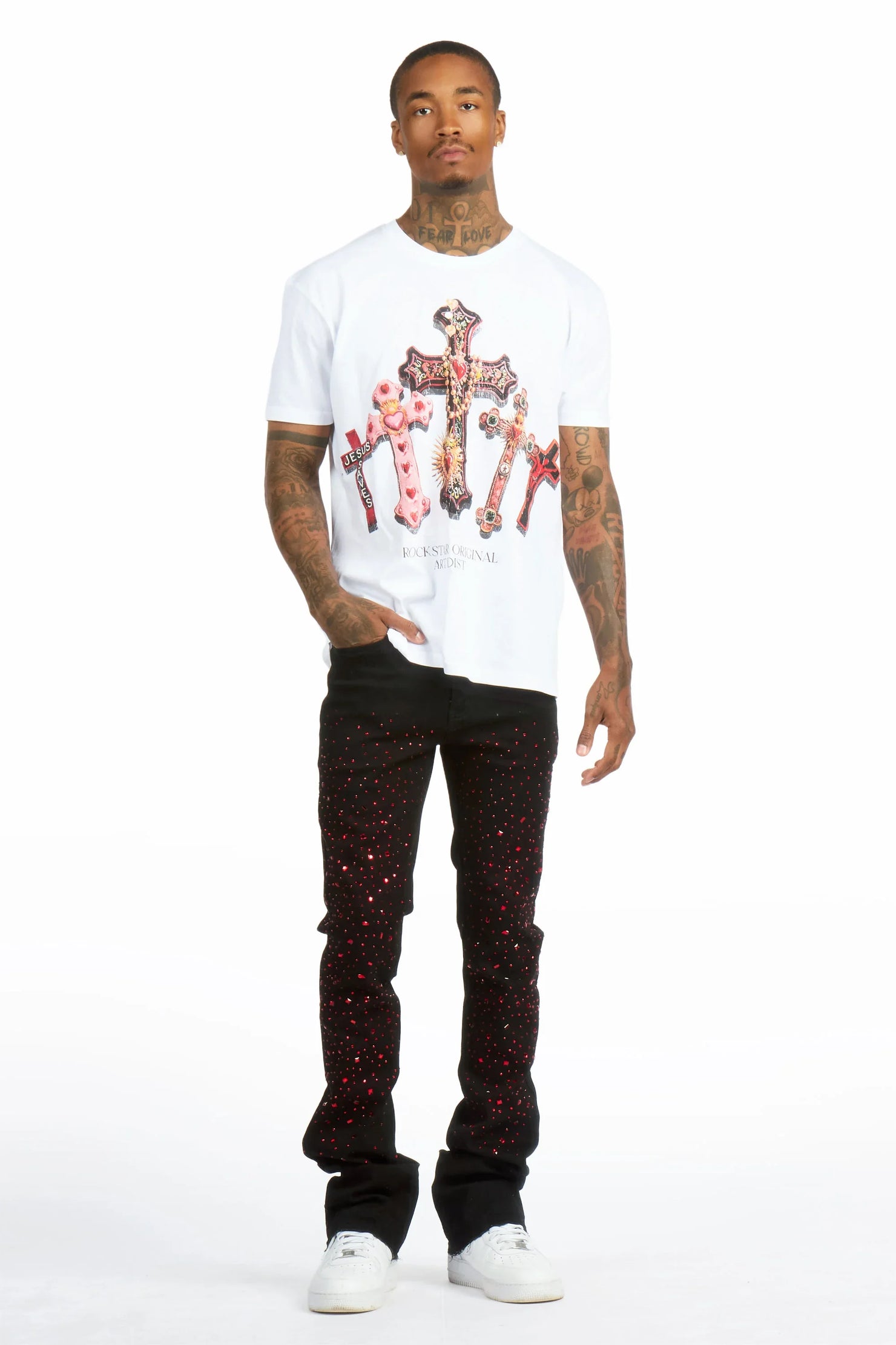 Xirel White/Black Oversized Graphic T-Shirt & Twinkle Rhinestone Stacked Flare Jean Set