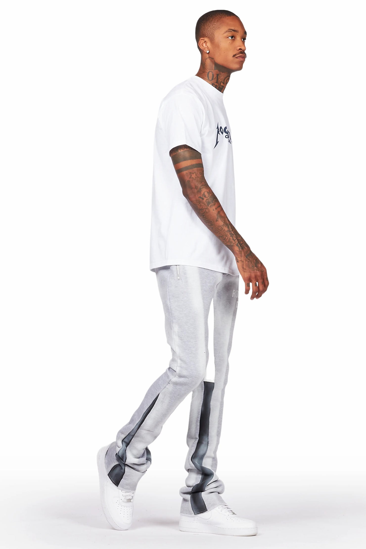 Firoz Grey/White Graphic Stacked Flare Pant