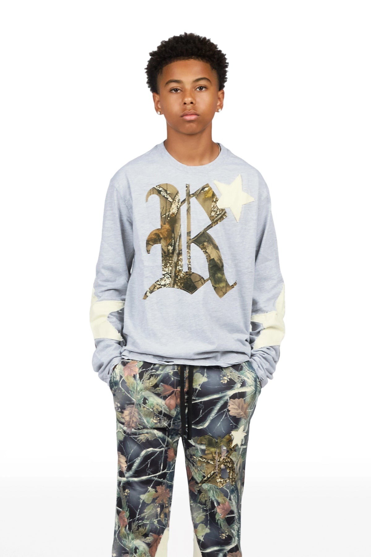 Boys Delgero Heather Grey/Camo Long Sleeve T-Shirt Track Set
