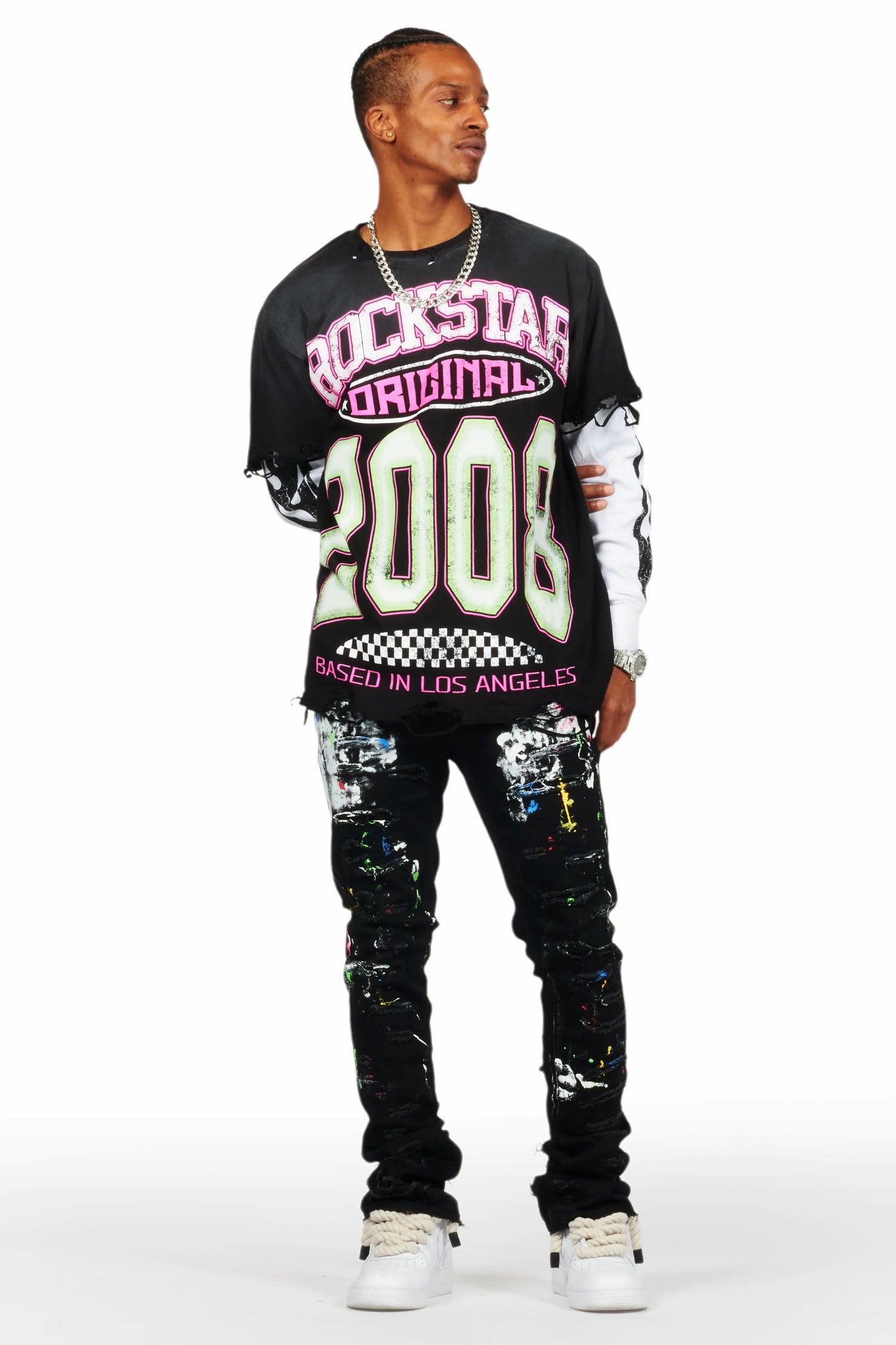 Jaren Black Double Layer Long Sleeve Graphic T-Shirt