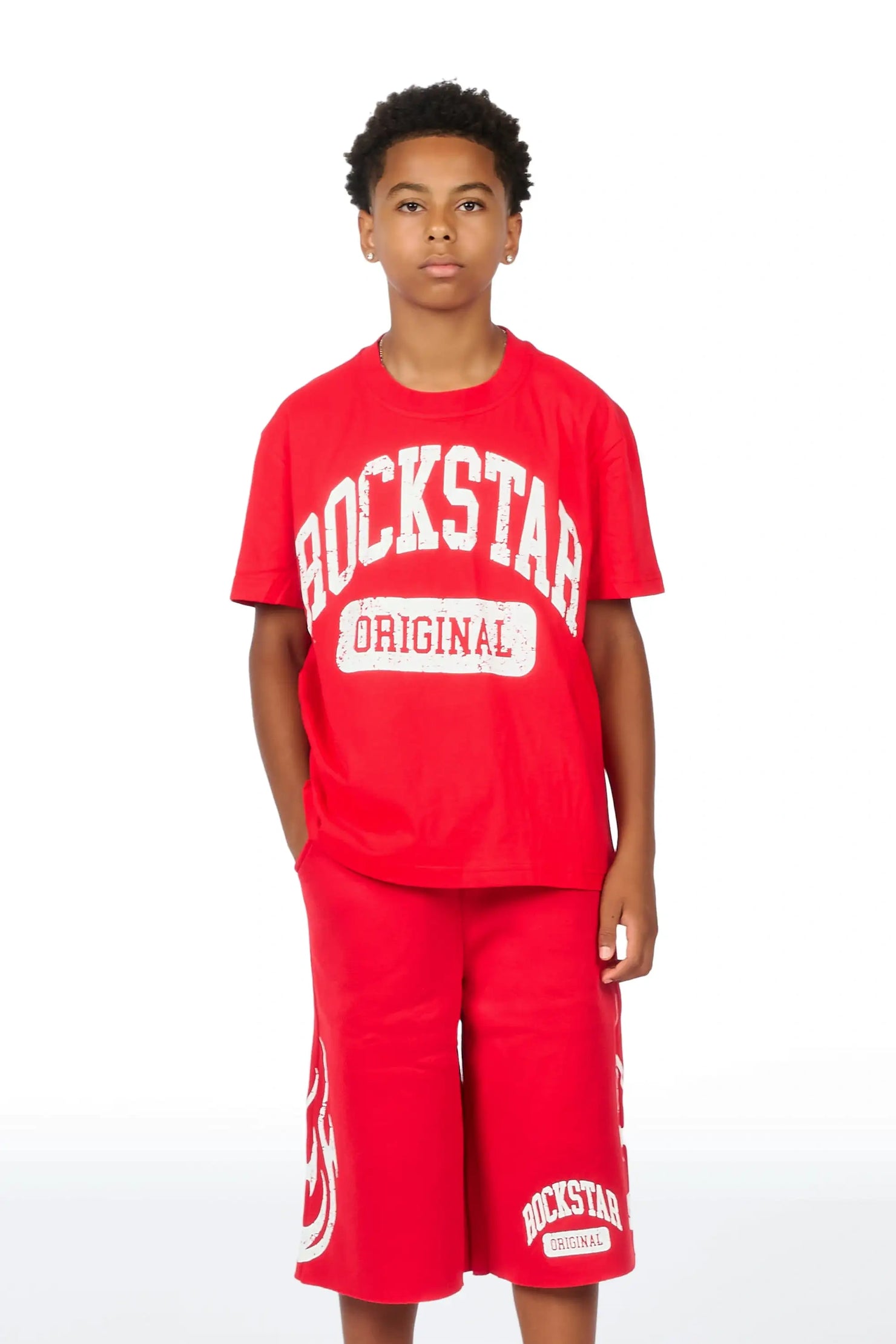 Boys Member Red Oversized T-Shirt/Short Set