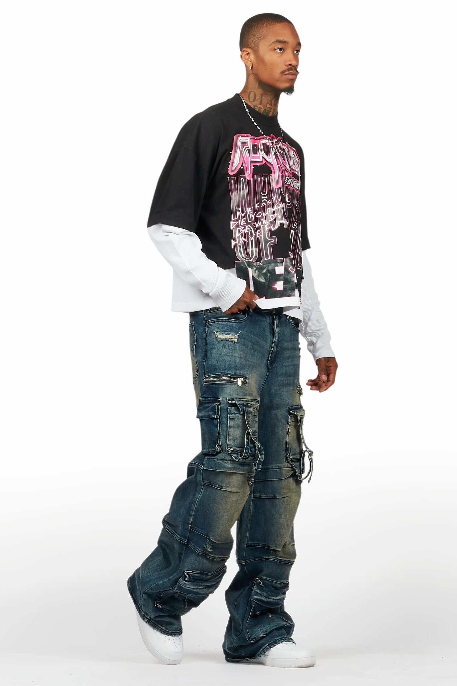 Darcy Vintage Black Thermal Double Layer Boxy Crop T-Shirt