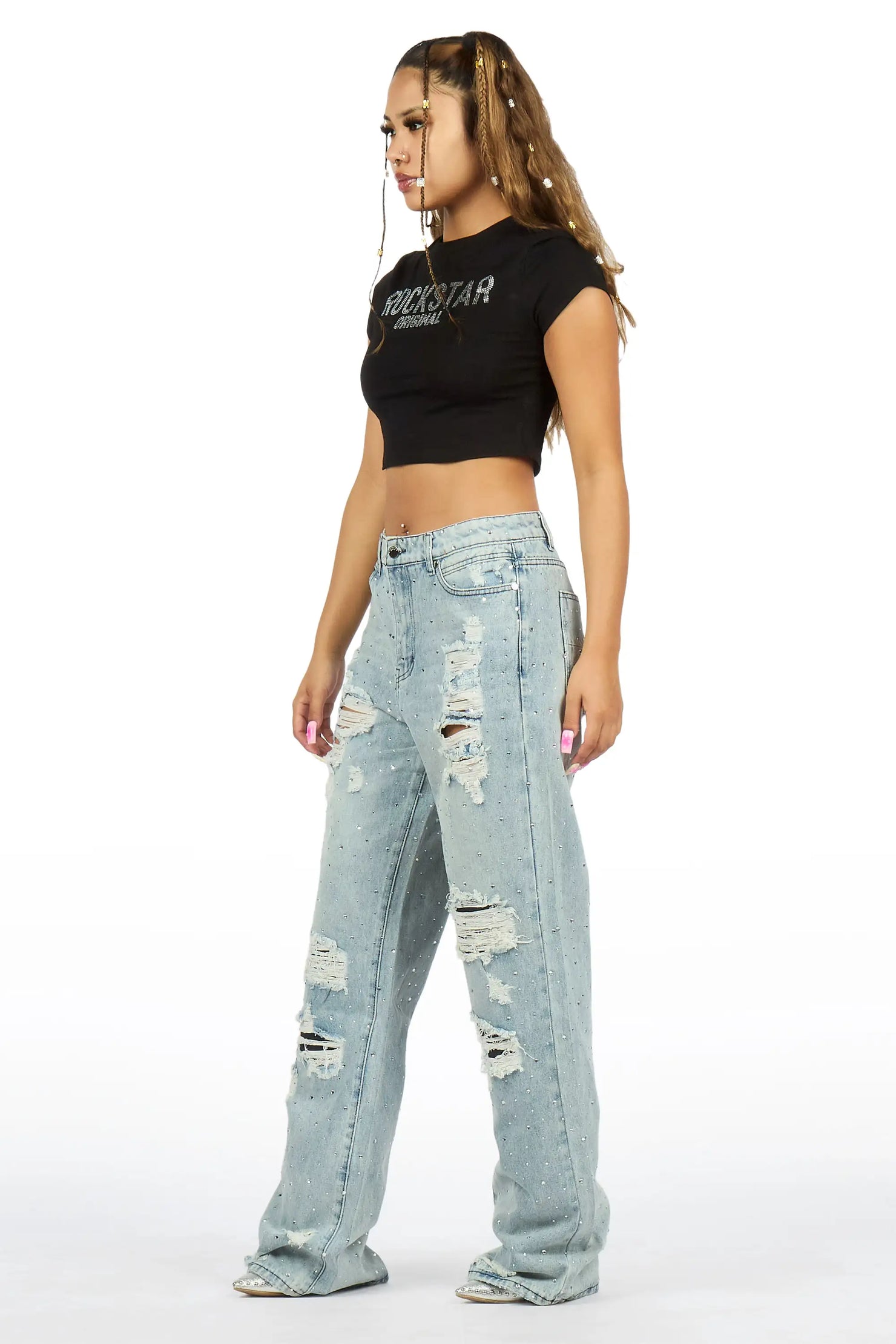 Amayah Light Wash Rhinestone Baggy Fit Jean