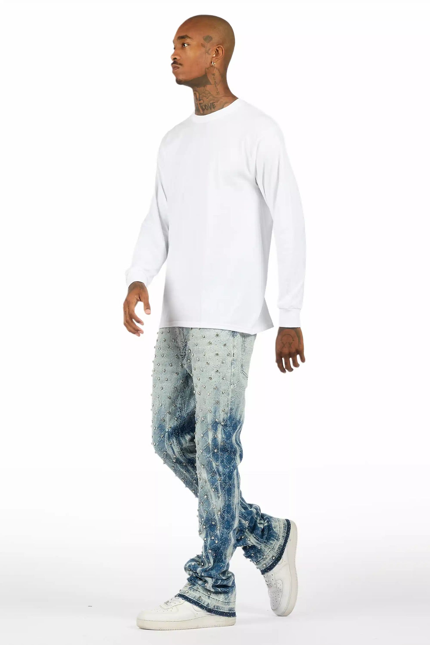 Glit Blue Rhinestone Stacked Flare Jean