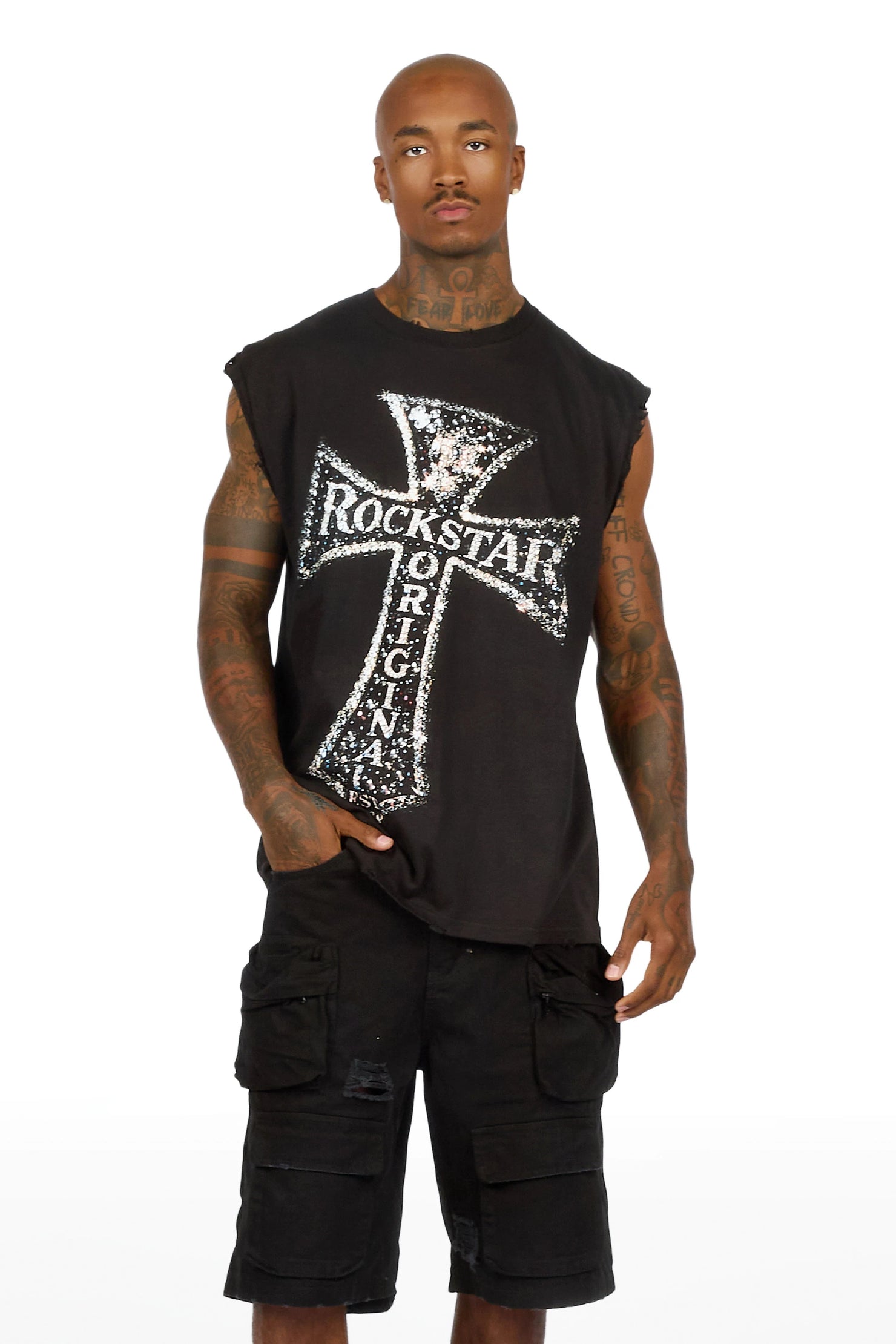 Chazen Black Oversized Cut Off T-Shirt