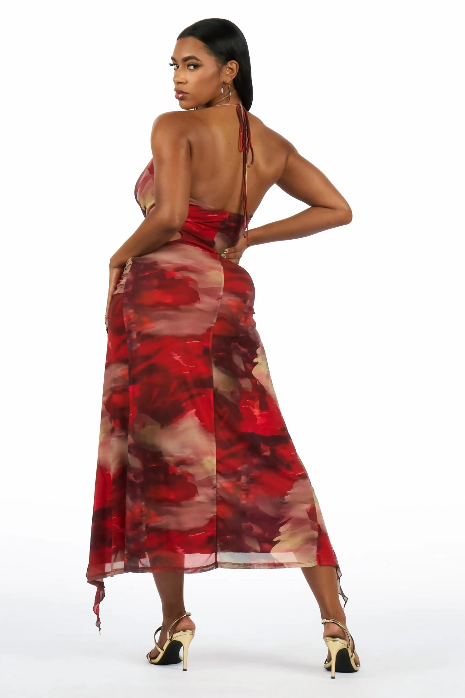Over-Seas Red Cut-Out Maxi Print Dress