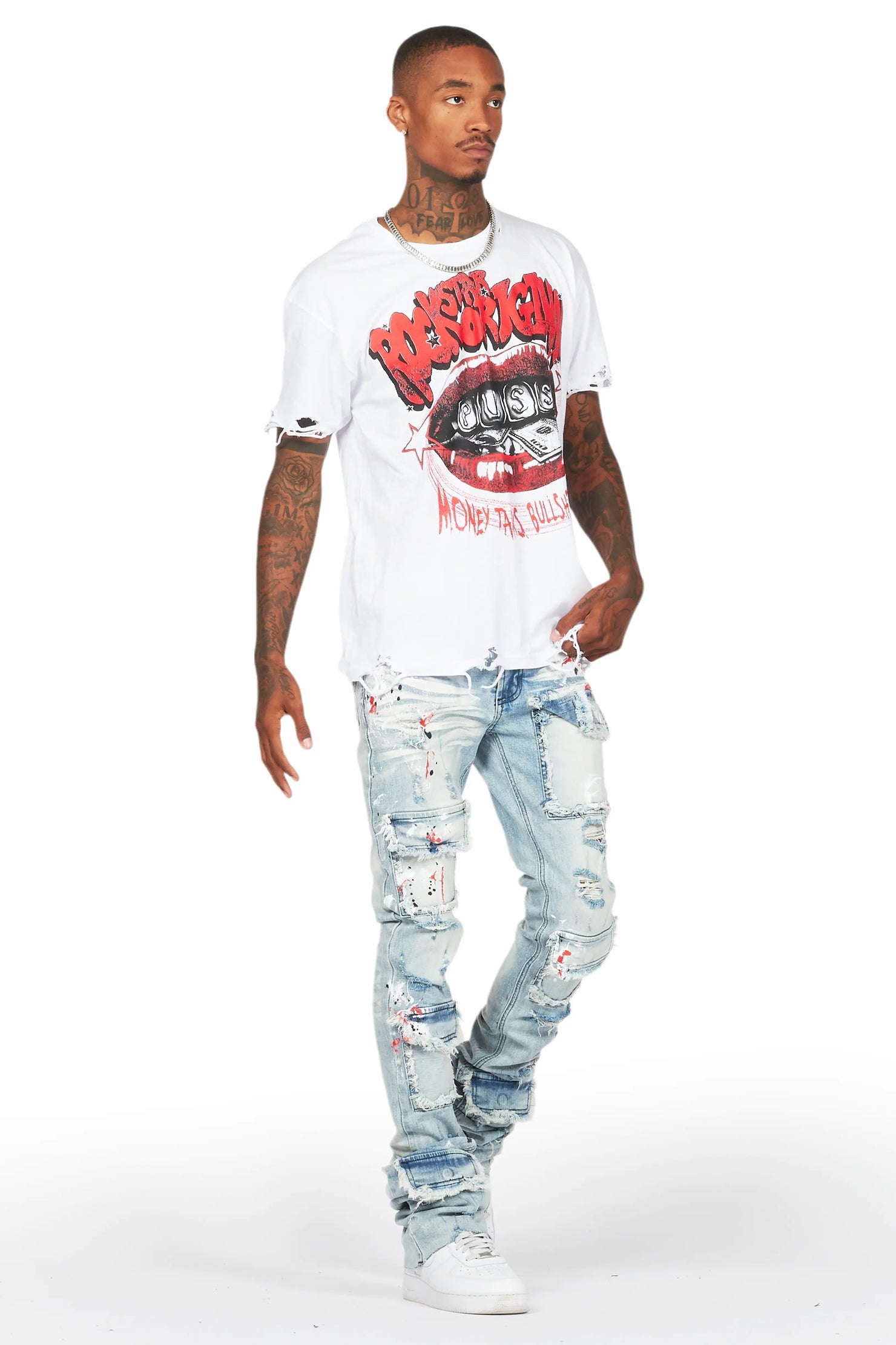 Bloke White/Blue T-Shirt/Super Stacked Flare Jean Bundle