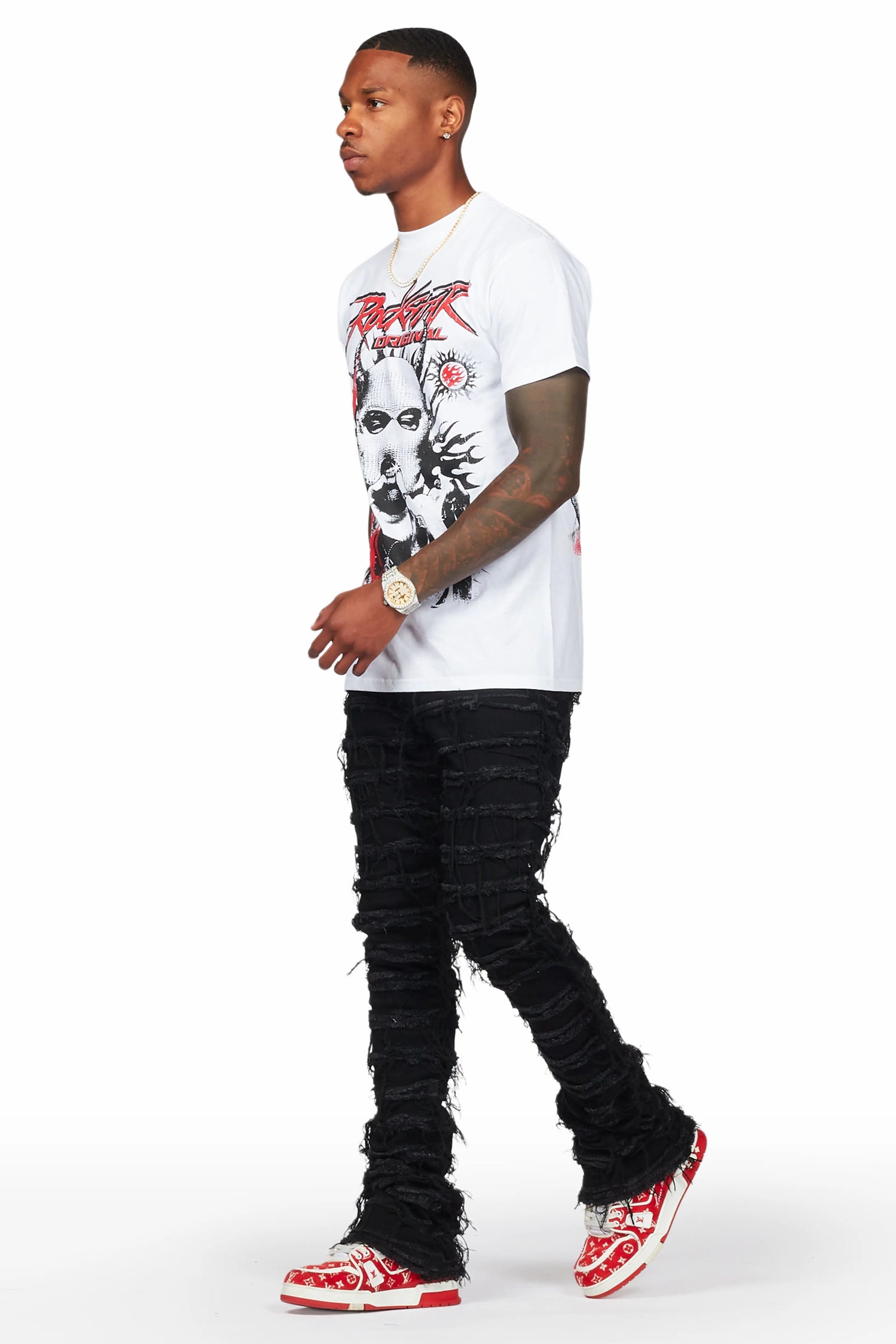 Mercy White T-Shirt & Ayan Black Stacked Flare Jean