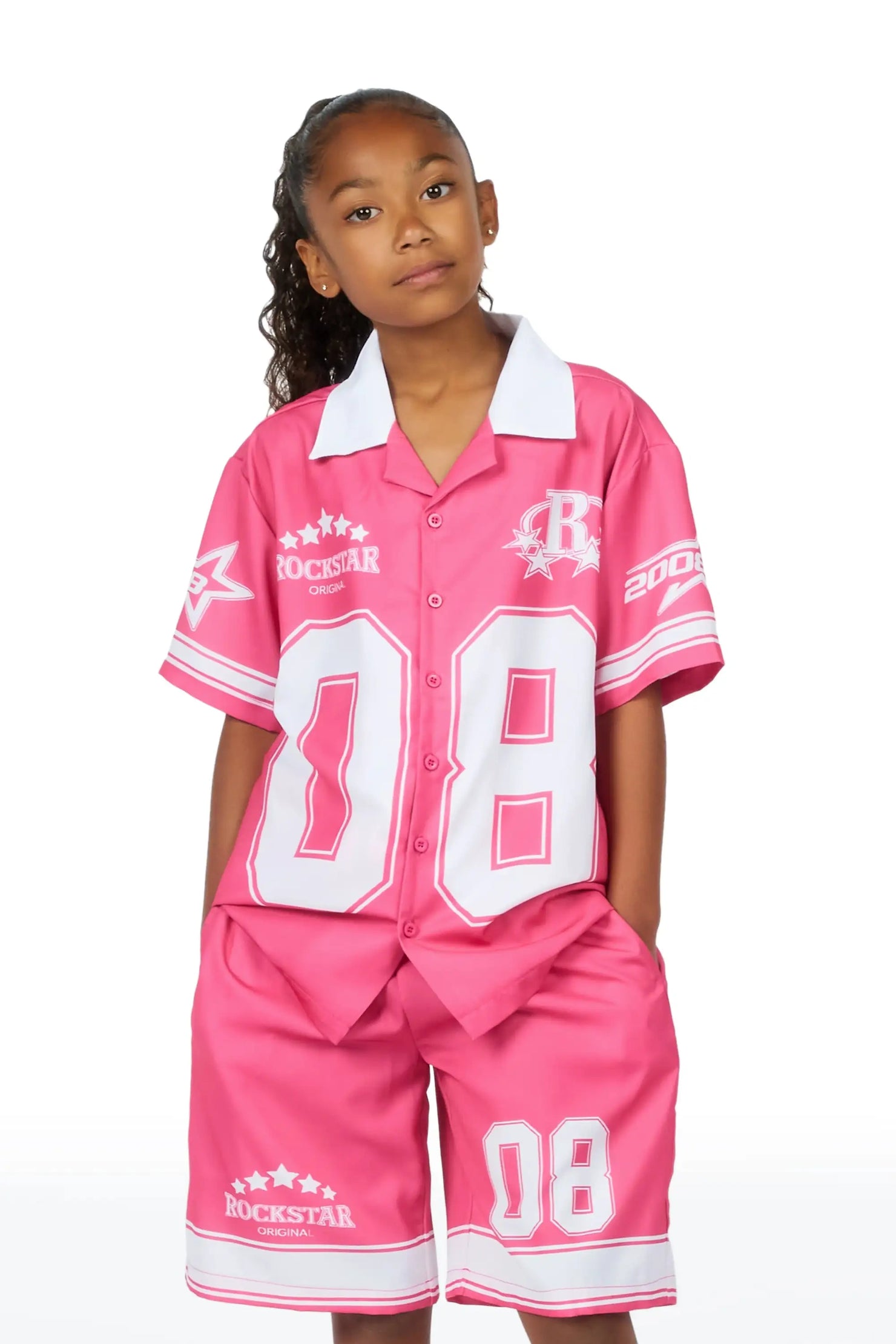 Girls Tinna Pink Button Down T-Shirt Short Set