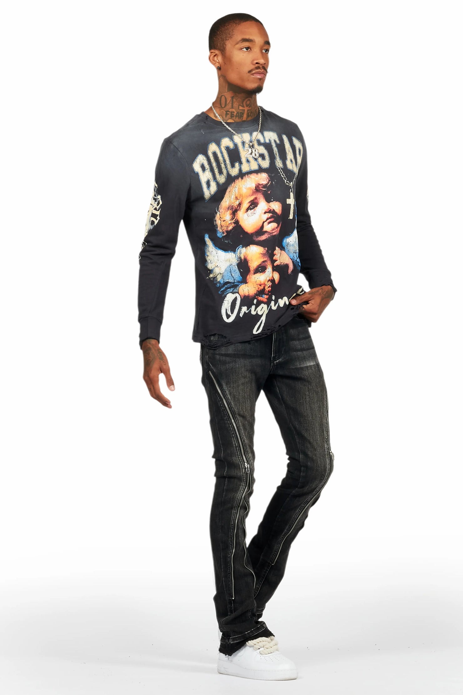 Rani Black Stacked Flare Jean