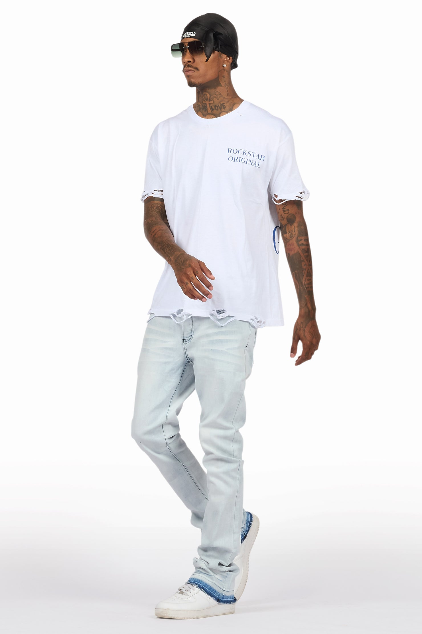 Drako White/Blue Oversized Graphic T-Shirt/Dag Stacked Flare Jean Set
