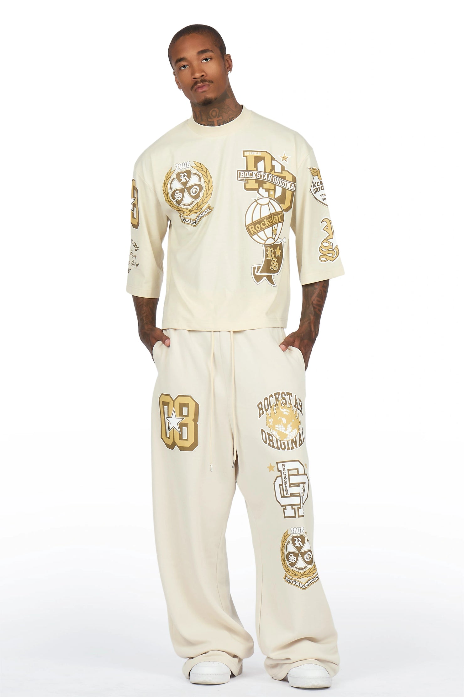 Gallant Beige 3/4 Crop Boxy Tee/ Fleece Baggy Pant Track Set