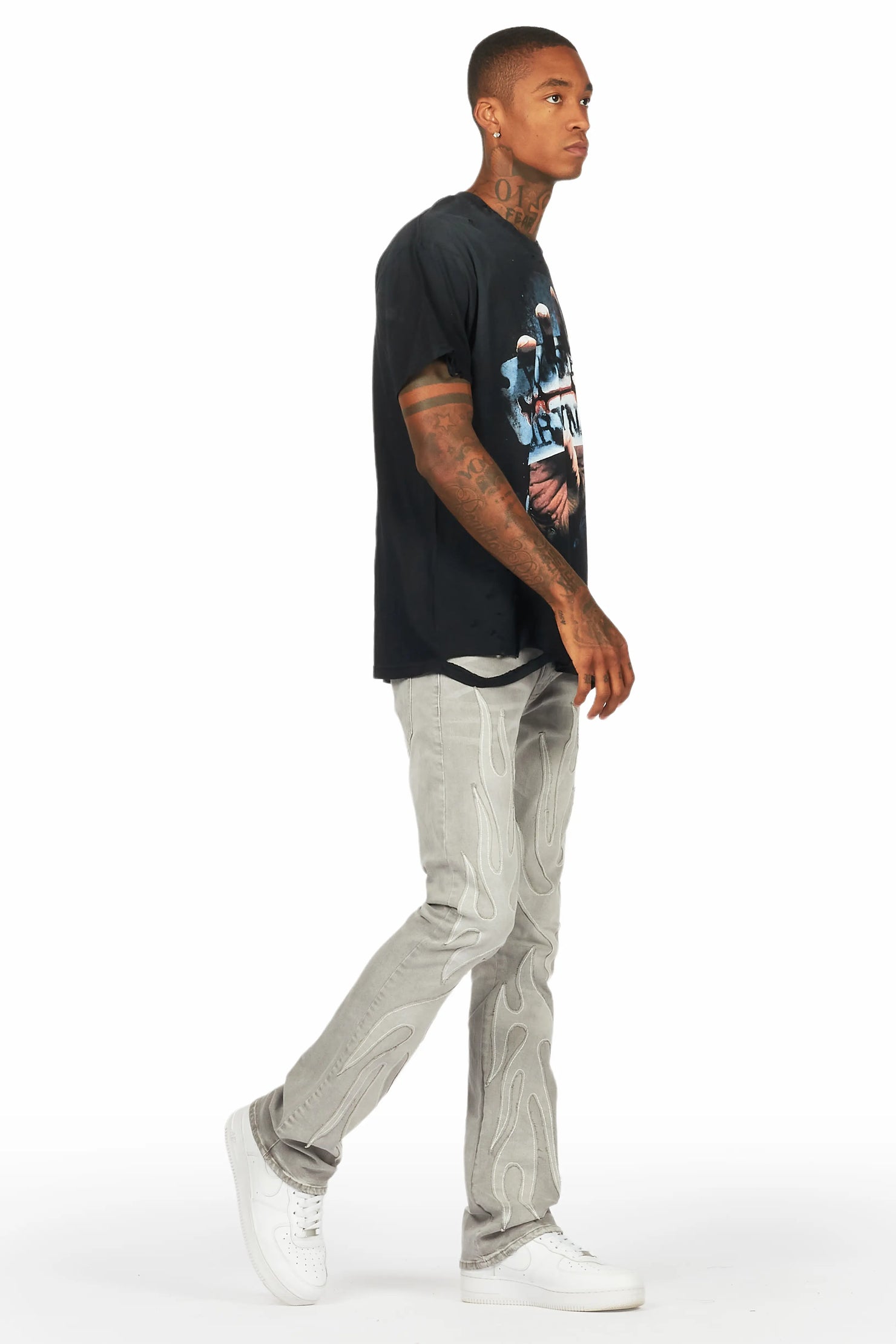 Ebbos Grey Flame Patched Skinny Flare Jean