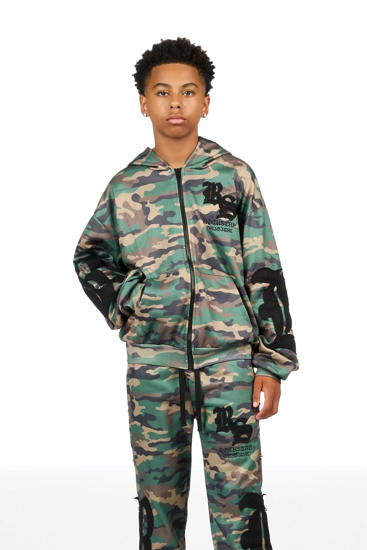 Boys Shire Camo/Black Zip Up Hoodie Stacked Track Set