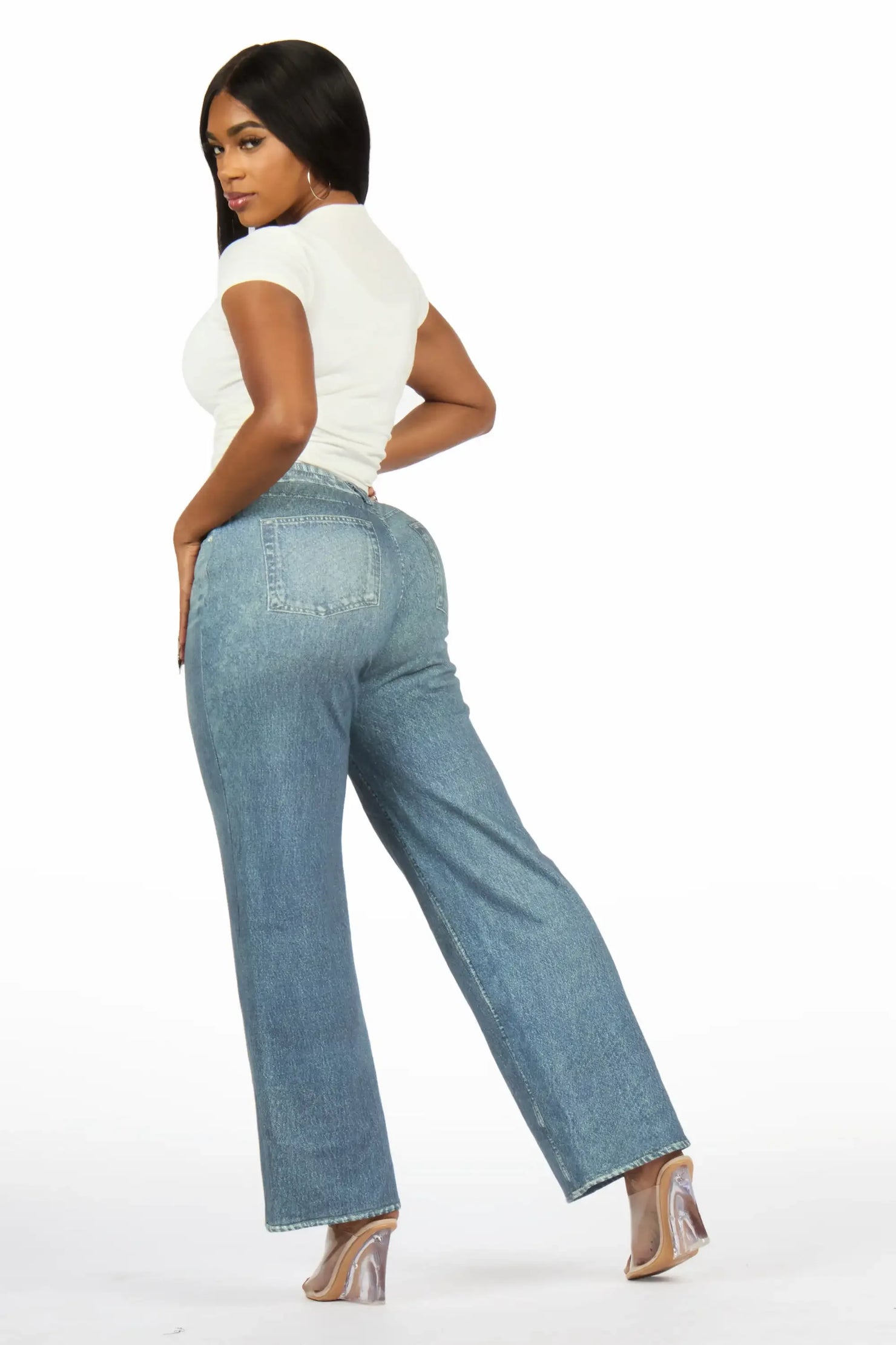 Audrea Med. Wash Denim Print Stretch Terry Sweatpant Jean