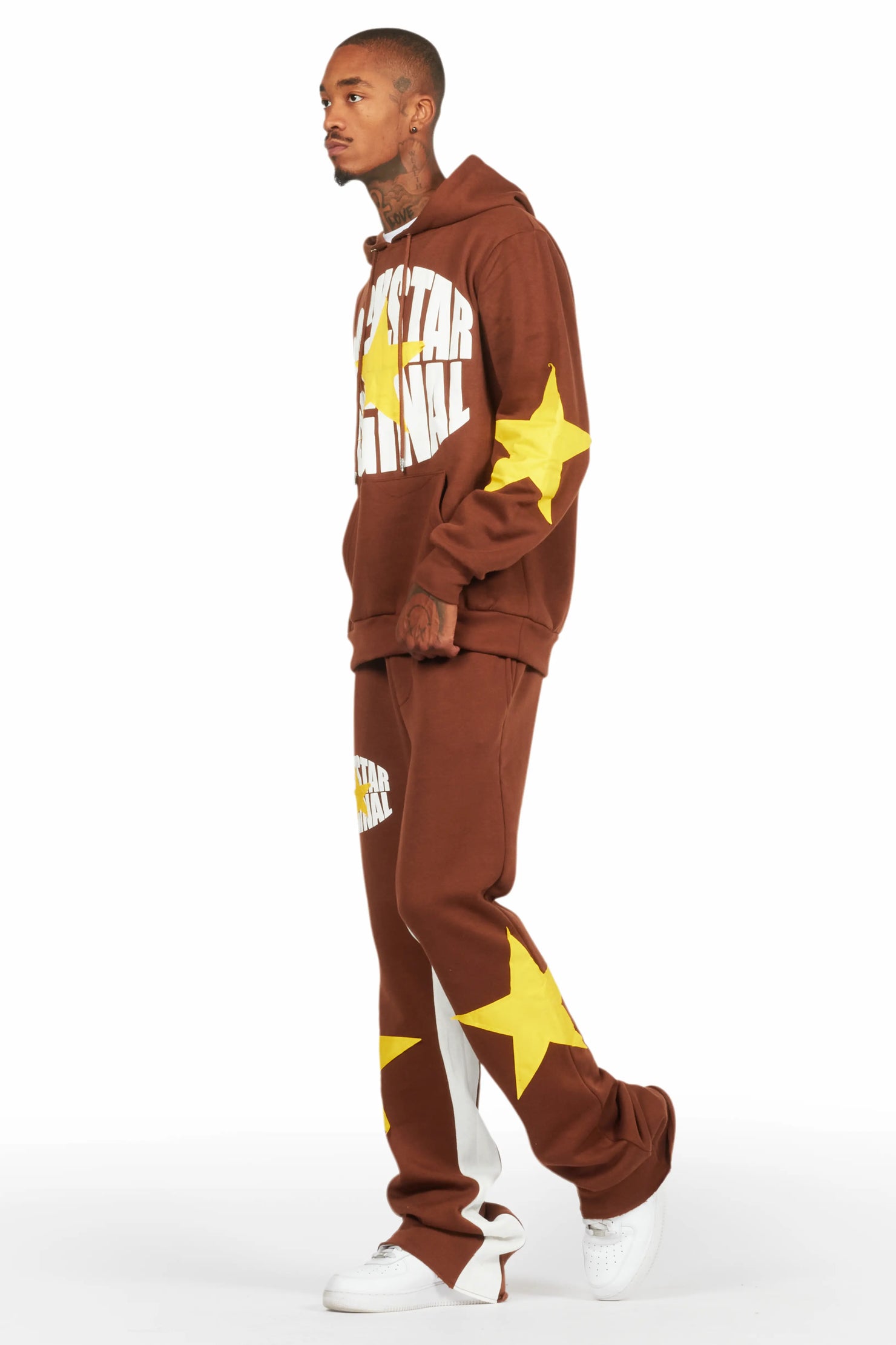 States Brown Baggy Stacked Hoodie Track Set