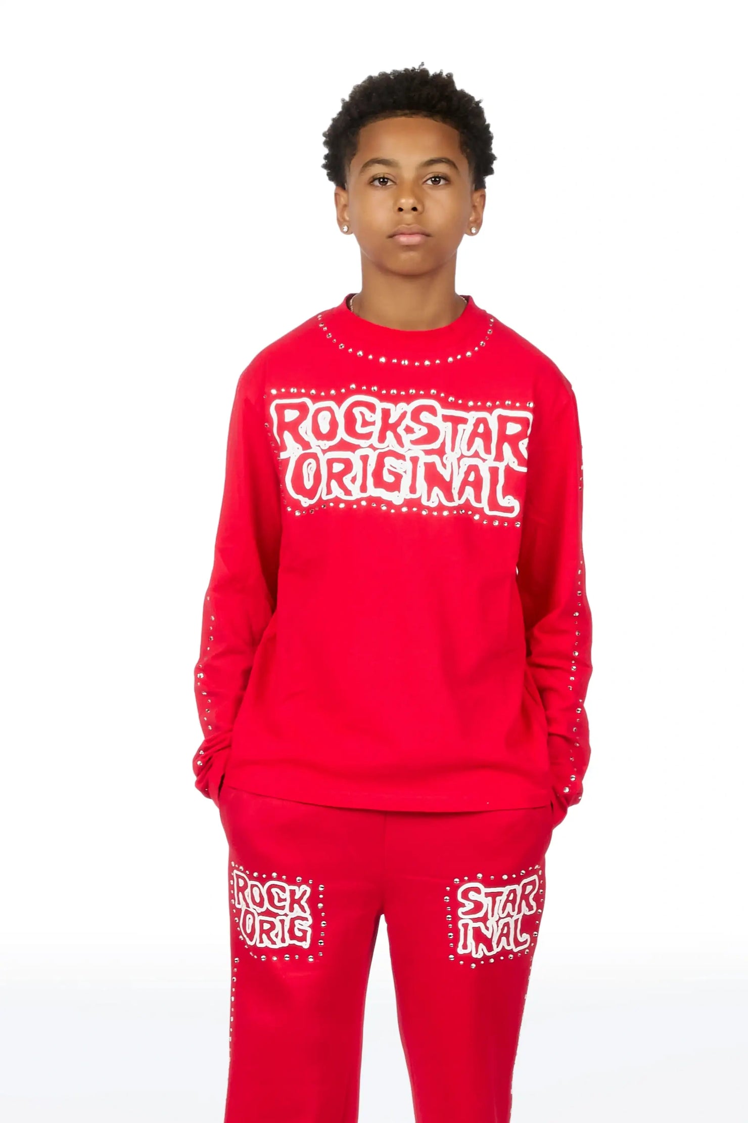 Boys Marc Red Rhinestone Long Sleeve Shirt Relaxed Track Set