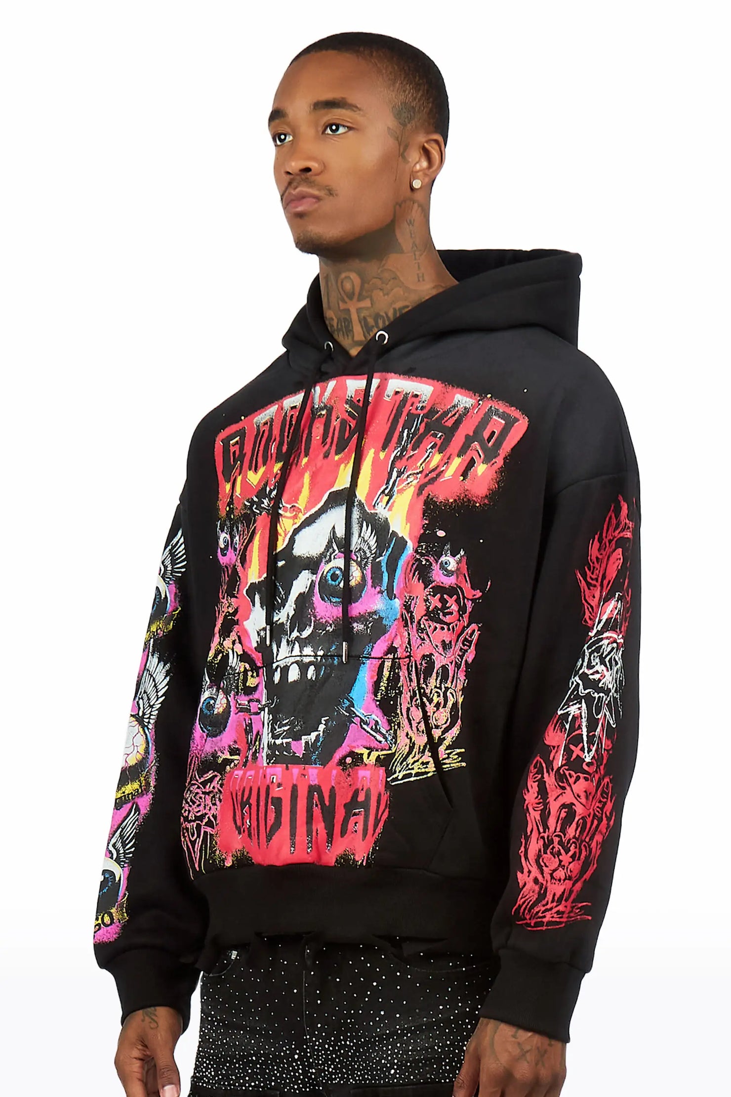 Styxx Black Distressed Graphic Relaxed Hoodie