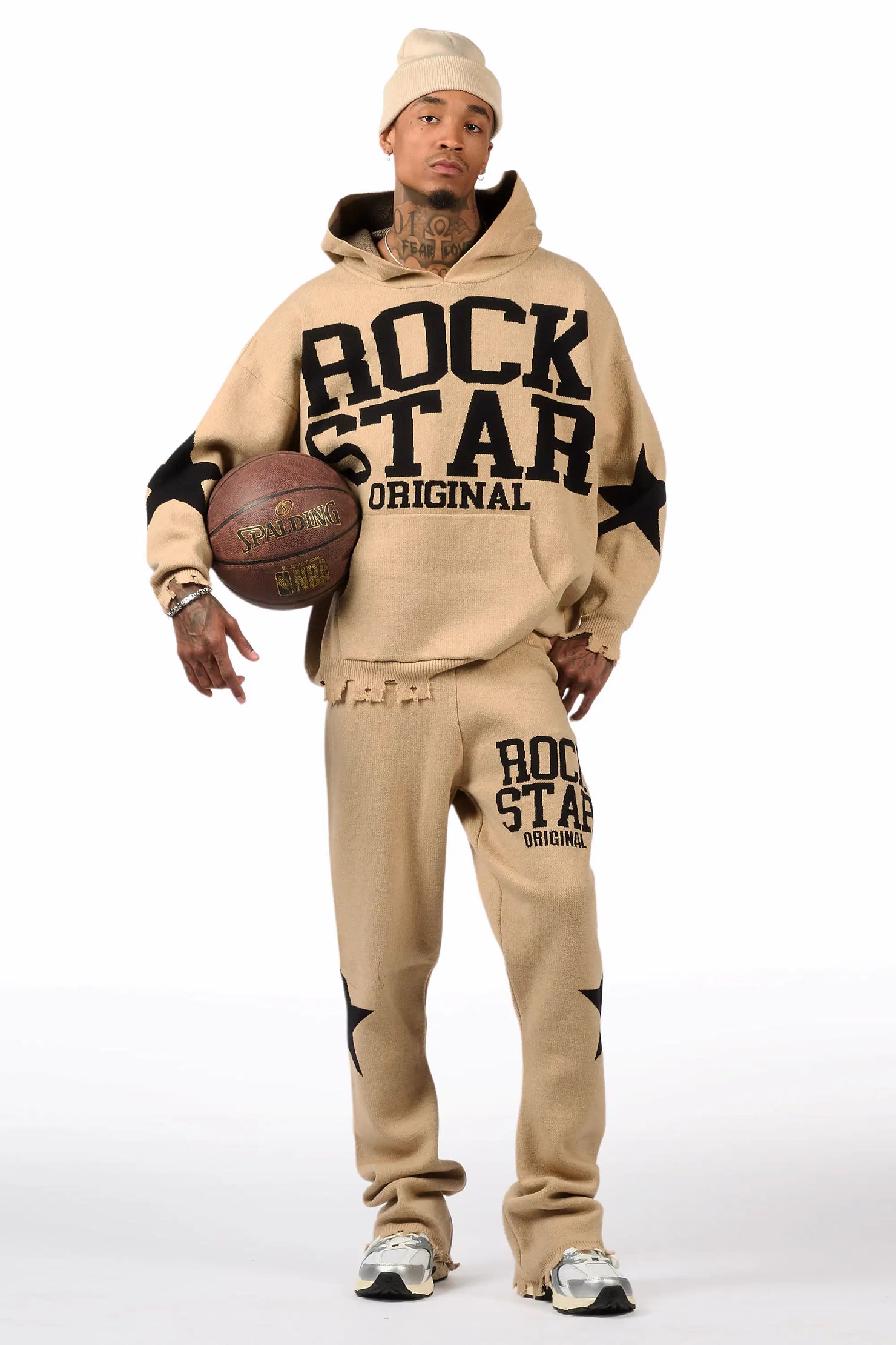 Outlaw Beige Hoodie Stacked Flare Knitted Set