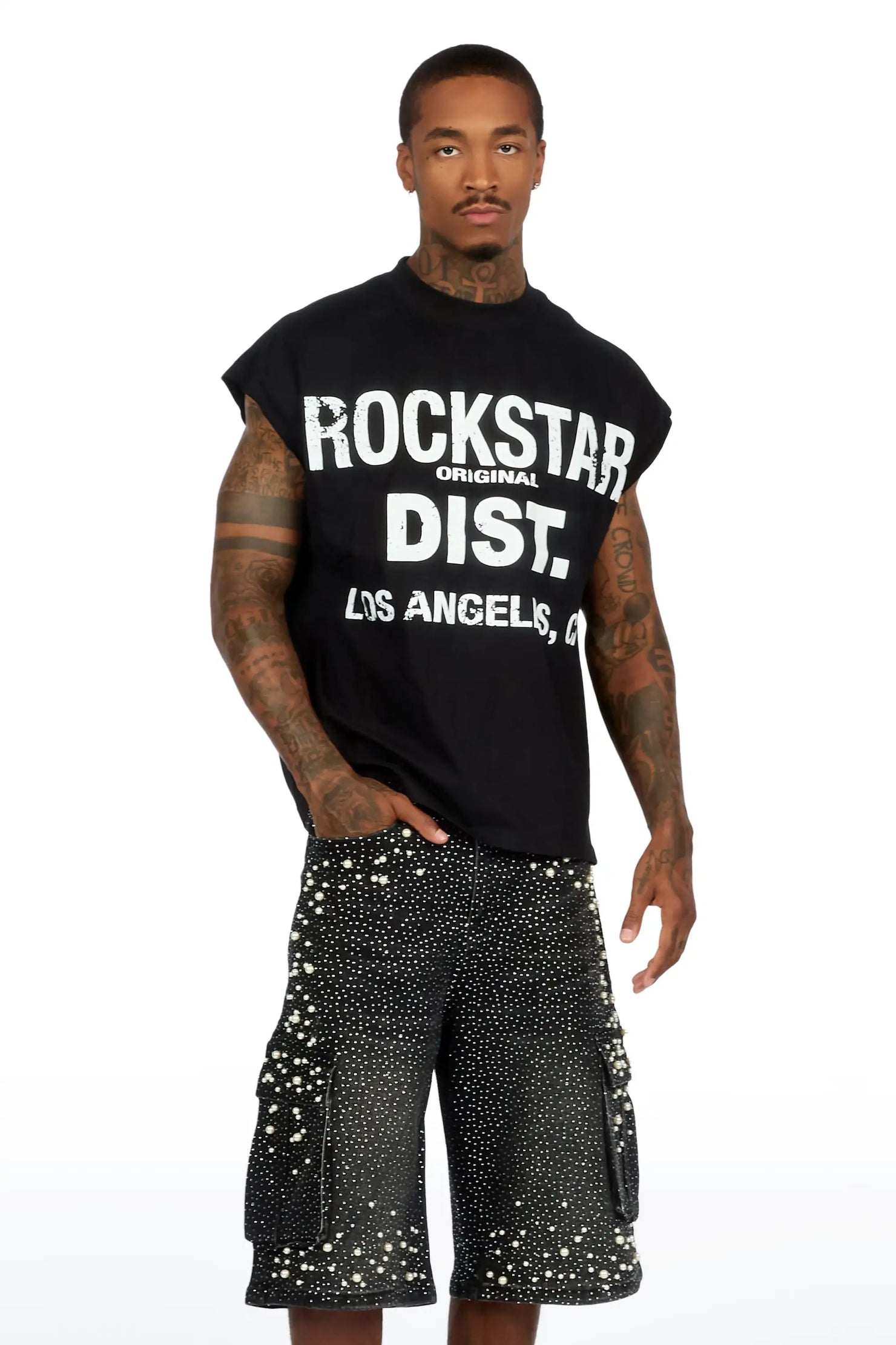 Sevyn Black/Black Rhinestone Cut Sleeve T-Shirt Denim Short Set