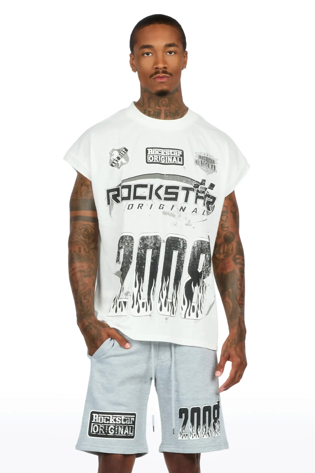 Amos White/Grey Graphic  Cut Sleeve T-Shirt Short Set