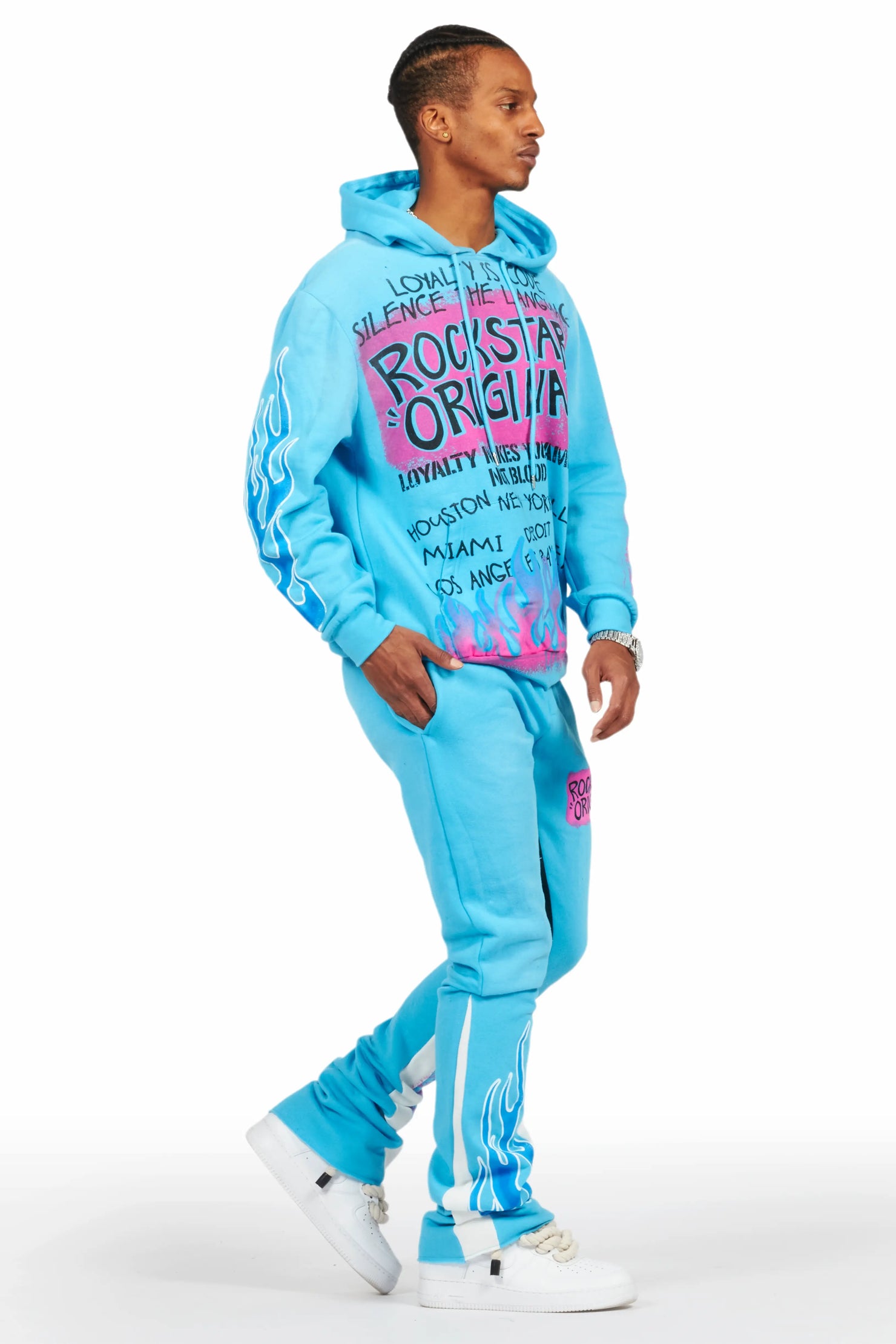 Beno Blue Stacked Flare Hoodie Track Set