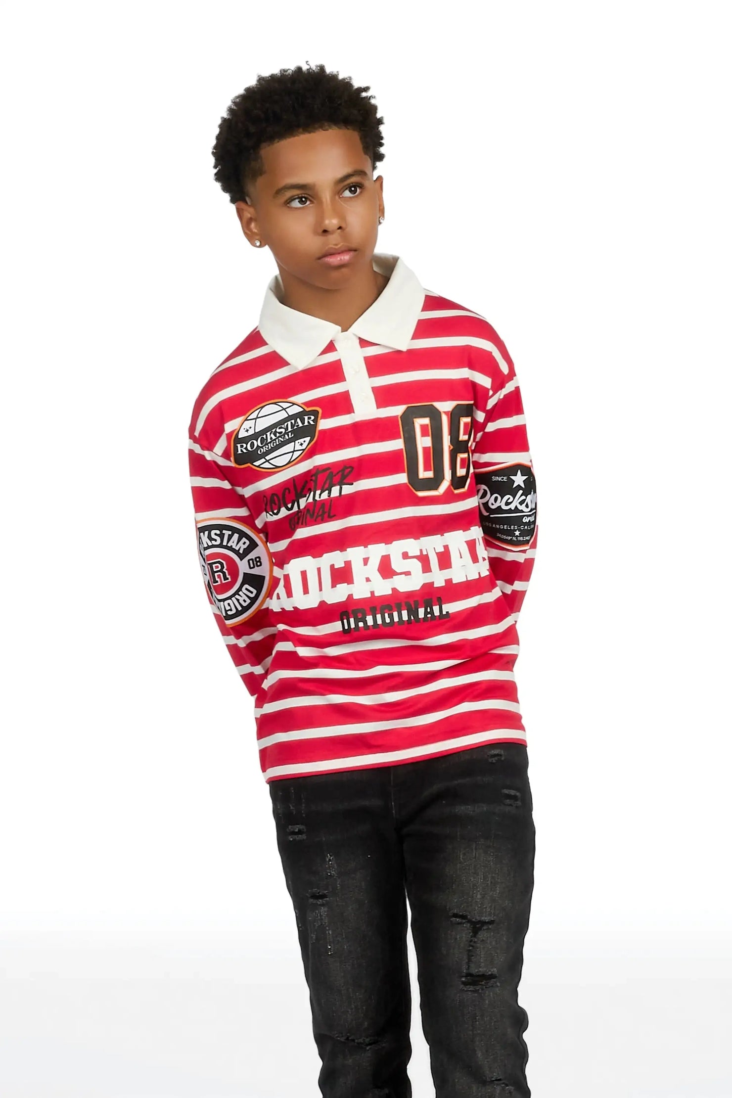 Boys Genis Red/White Long Sleeve Polo