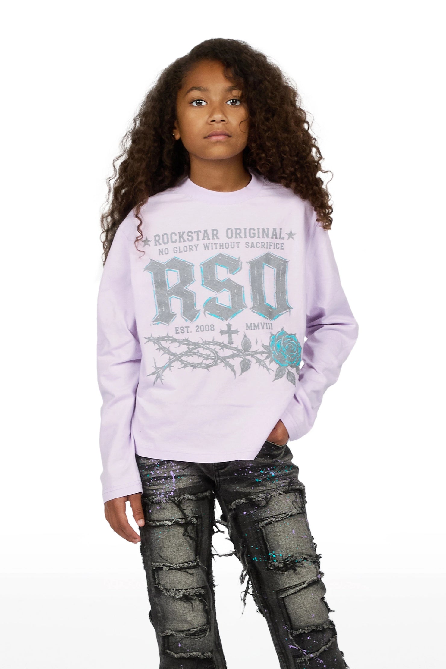 Girls Athena Lavender/Black Long Sleeve T-Shirt Stacked Painter Jean Set