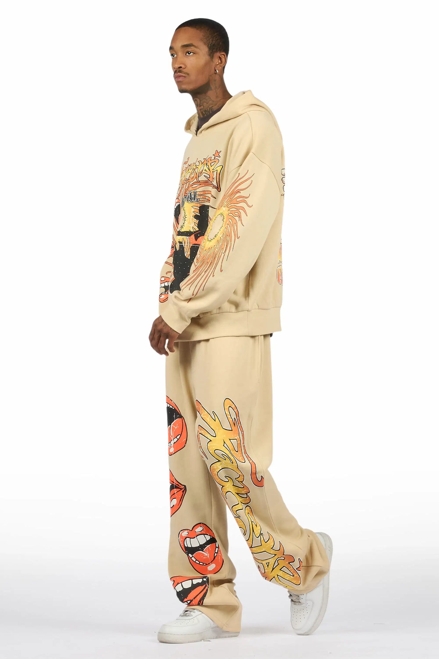 Rock n Roll  Beige Hoodie/Baggy Pant Track Set