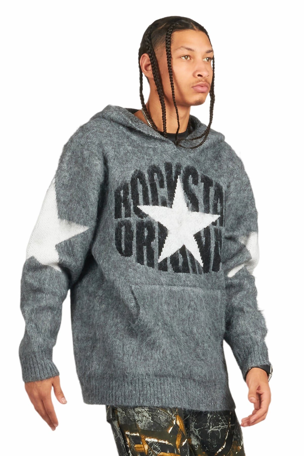 States Grey Graphic Knitted Hoodie
