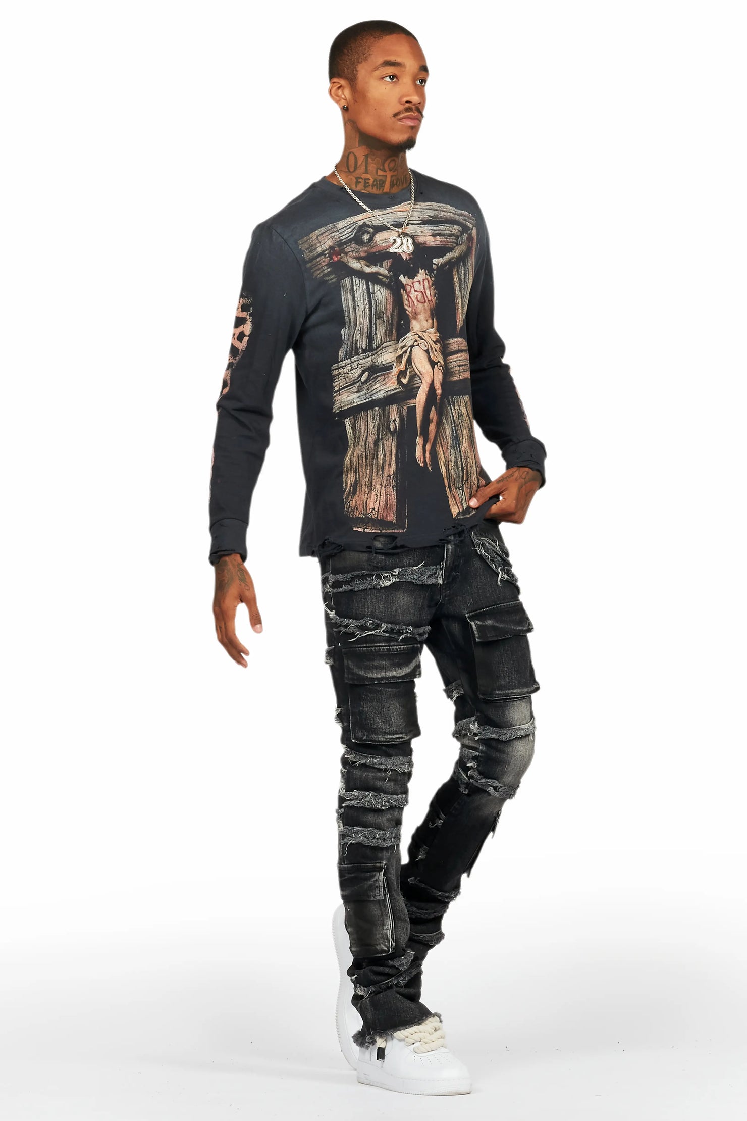 Yves Black Stacked Flare Cargo Jean