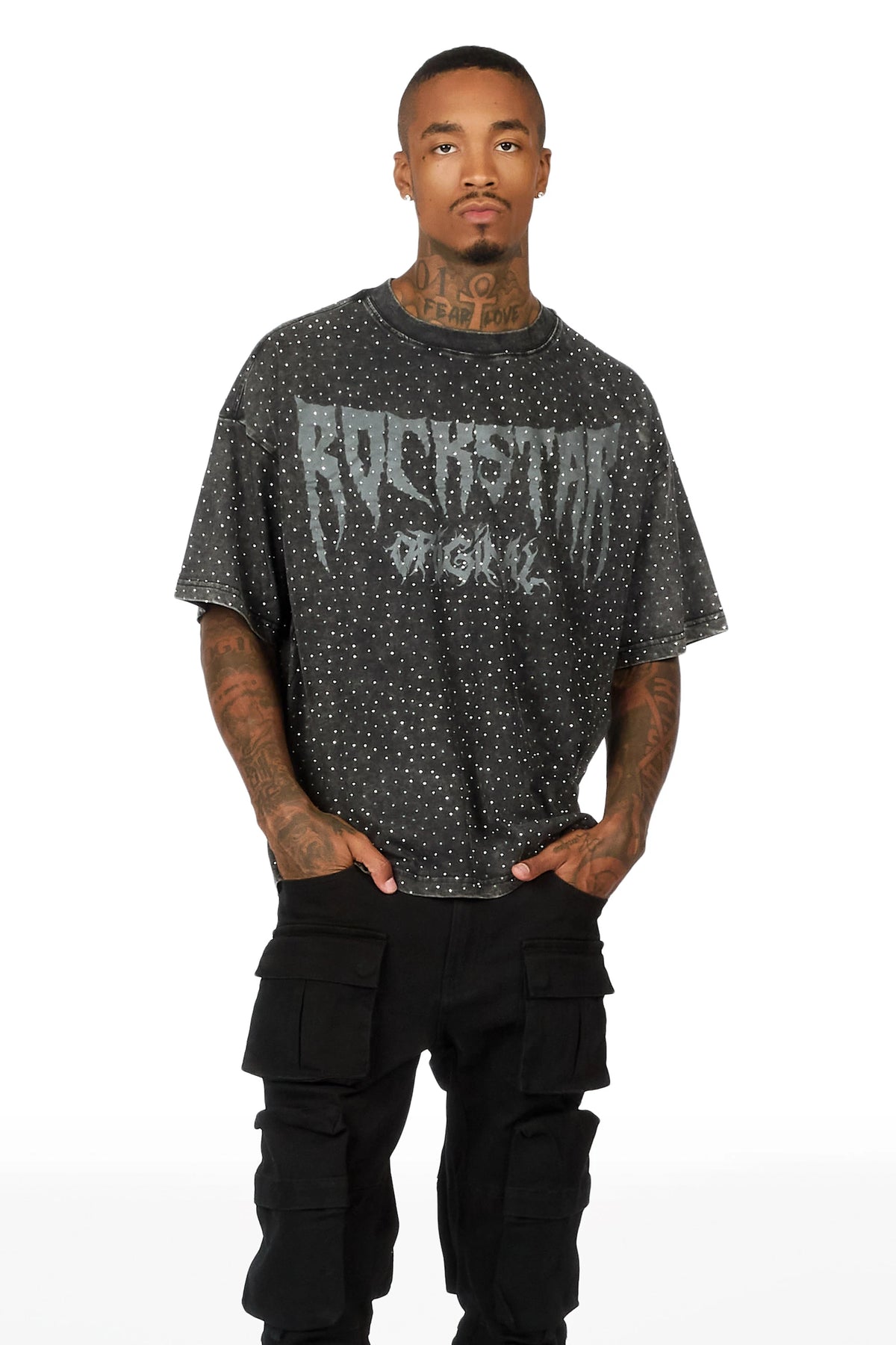 Andros Black Rhinestone Oversized Graphic T-Shirt